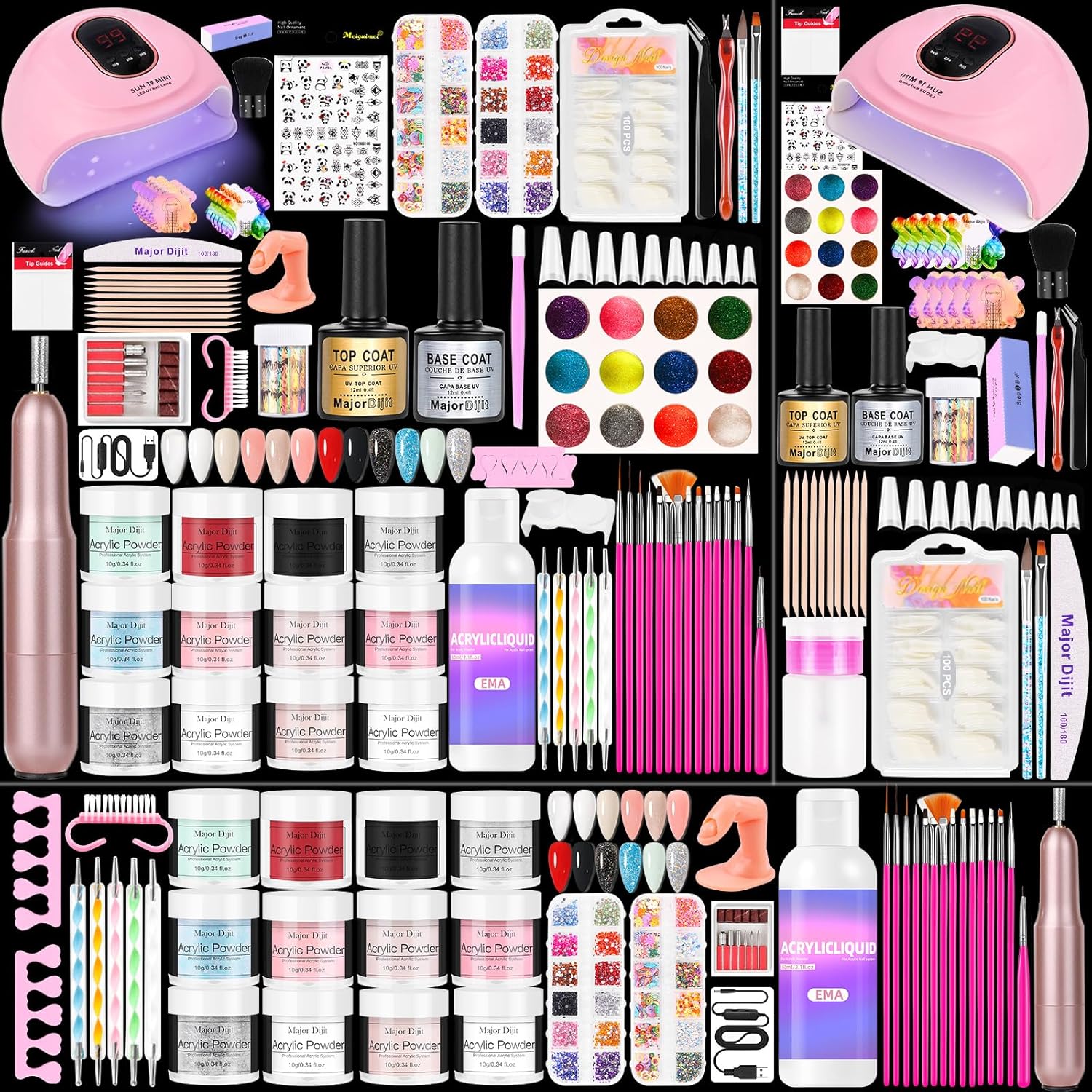 Major Dijit Acrylic Nail Kit with LED Lamp & Electric Drill - 12 Colors Acrylic Powder Monomer, Base/Top Coat, Tips/Glitter/Nail Charms | Nail Kit for Beginners with Everything