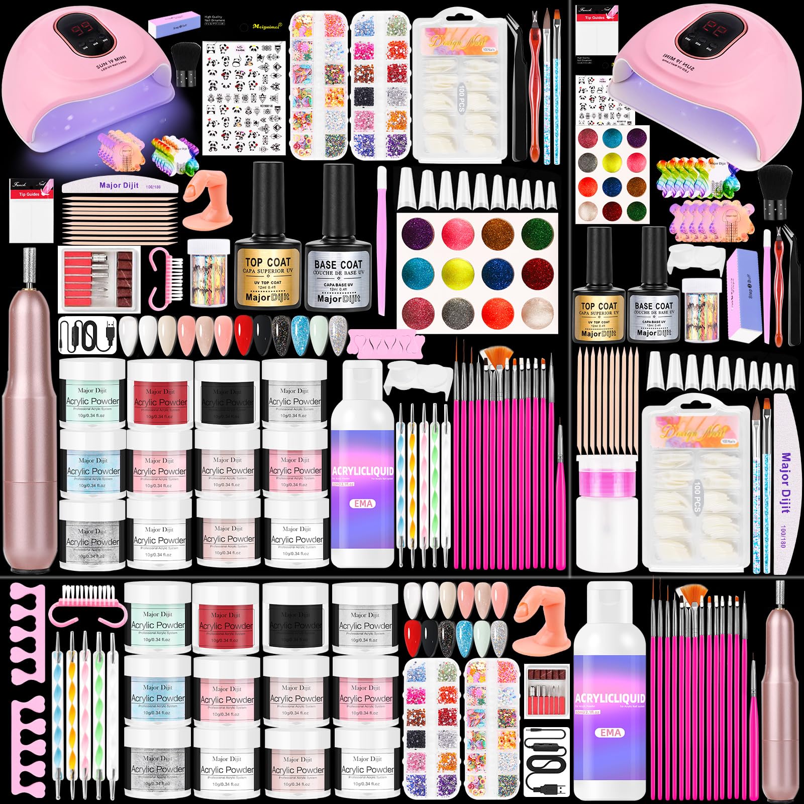 Major Dijit Acryl Nagel Set Komplett-Set mit LED Lampe & Elektro-Feile – 12 Farben Pulver+Monomer, Base-/Topcoat, Tips/Glitzer/Charms | All-inclusive Anfänger-Set mit Zubehör
