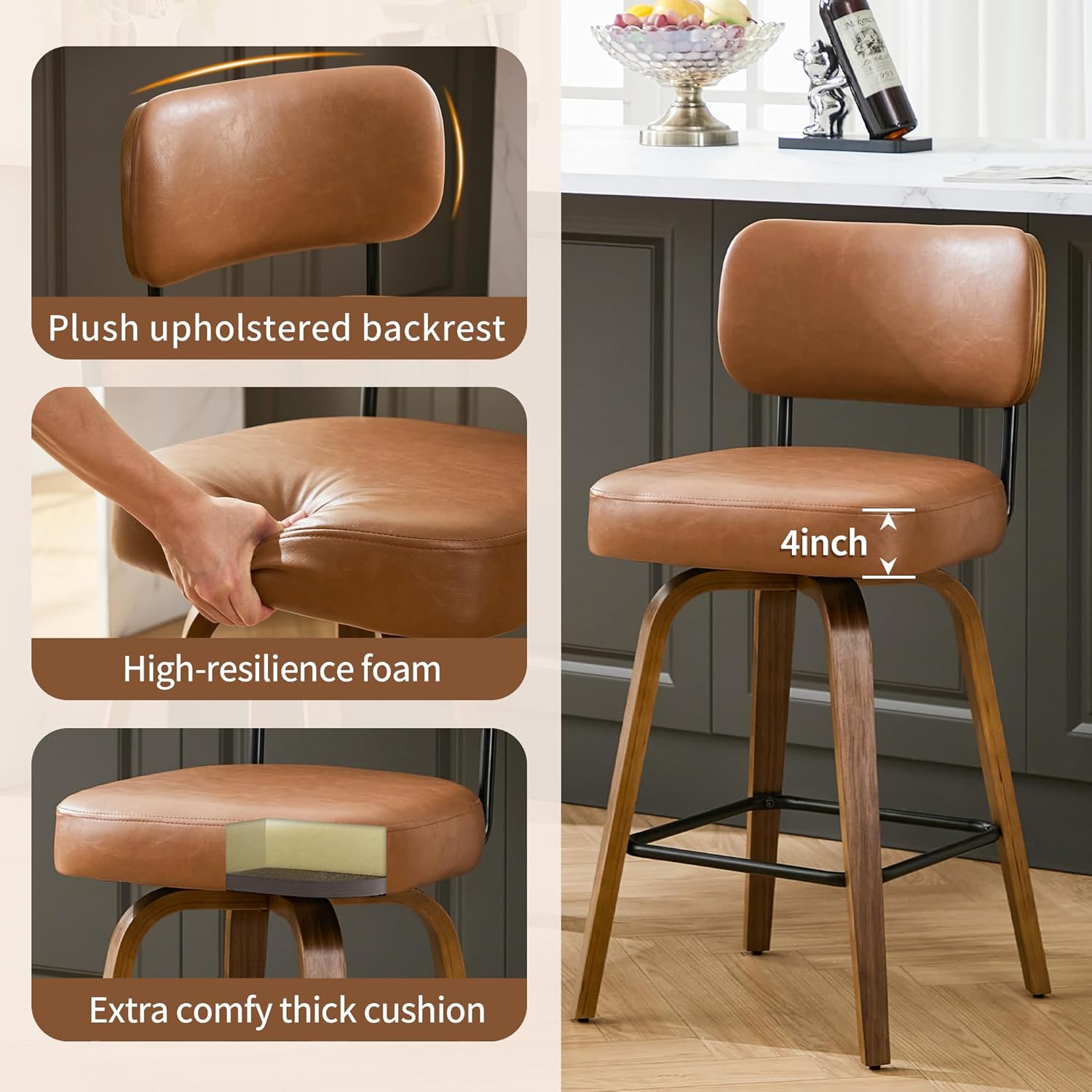 Solstrand Swivel Counter Height Bar Stools Set of 3, 26" Upholstered Faux Leather Bar Stools with Back and Walnut Wood Legs, Mid Century Modern Counter Stools for Kitchen Island Dining Room, Brown