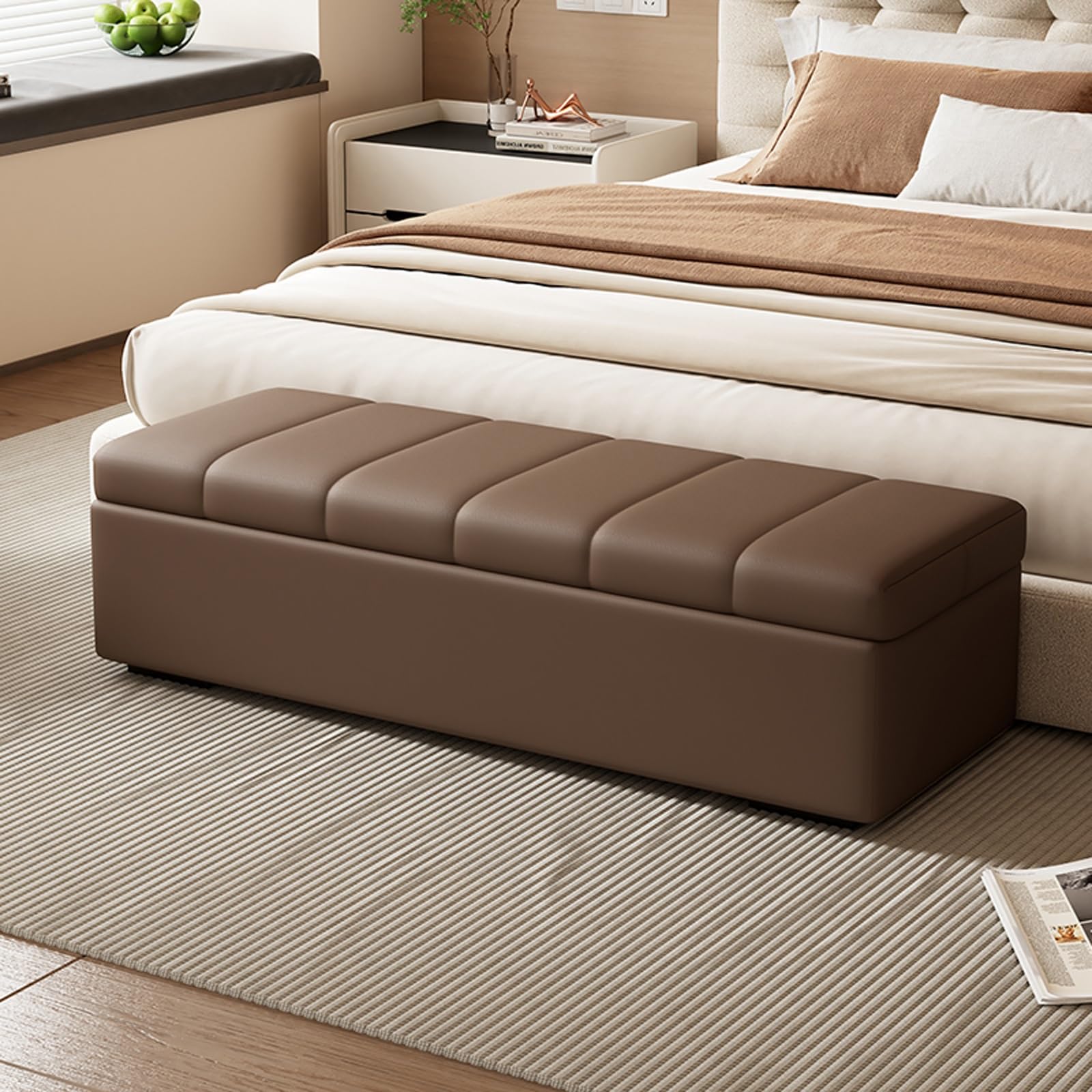 WJFTODAY Brown Leather Storage Ottoman Bench for Entryway & Bedroom 62.9in Footstool Toy Storage Stylish Living Room & End of Bed Solution