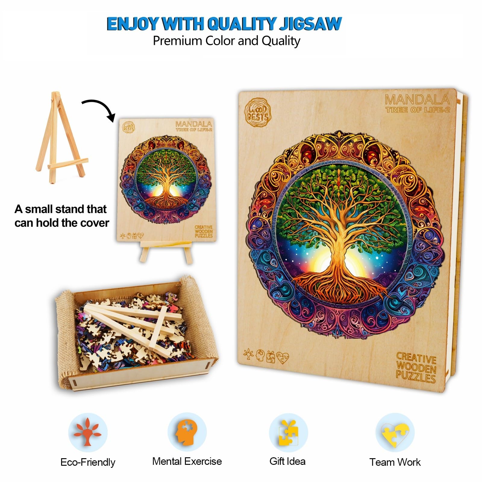 Houten puzzel voor volwassenen, 300 stukjes, mandala, levensboom, 34 x 33,6 cm, houten puzzel met onregelmatige unieke houten puzzels in dierenvorm, voor volwassenen, mooi cadeau voor familie en