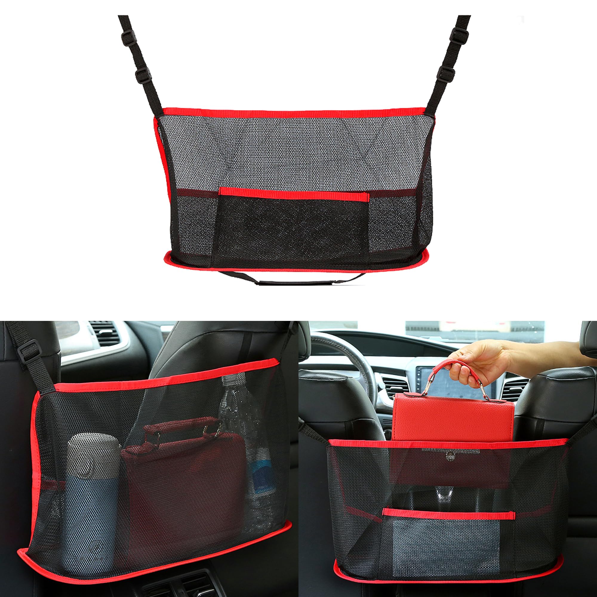 Alieemo Car Net Pocket Handbag Holder, Organizer Mesh Bag Between Two Seat, Driver Storage Netting Pouch for Handbag Purse, Barrier of Backseat Pet Kids, Car Accessories for Women Men (Red)