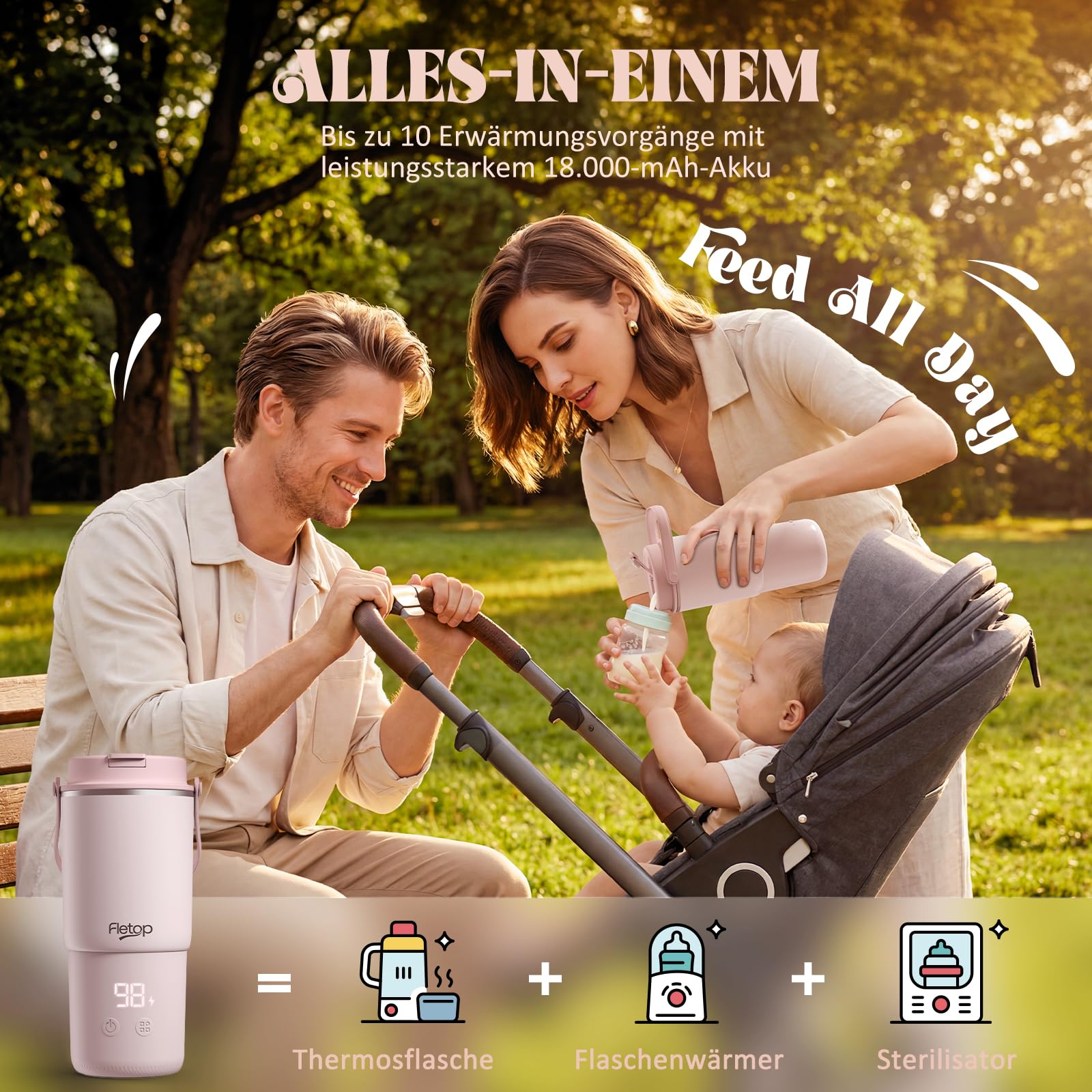 Tragbarer Flaschenwärmer Baby für unterwegs, 120W Schnellaufheizen in 2 Min, Dampfsterilisation, Weite Öffnung – einfache Reinigung, 8 Heizstufen für Muttermilch/Formula/Wasser, 18000mAh Akku