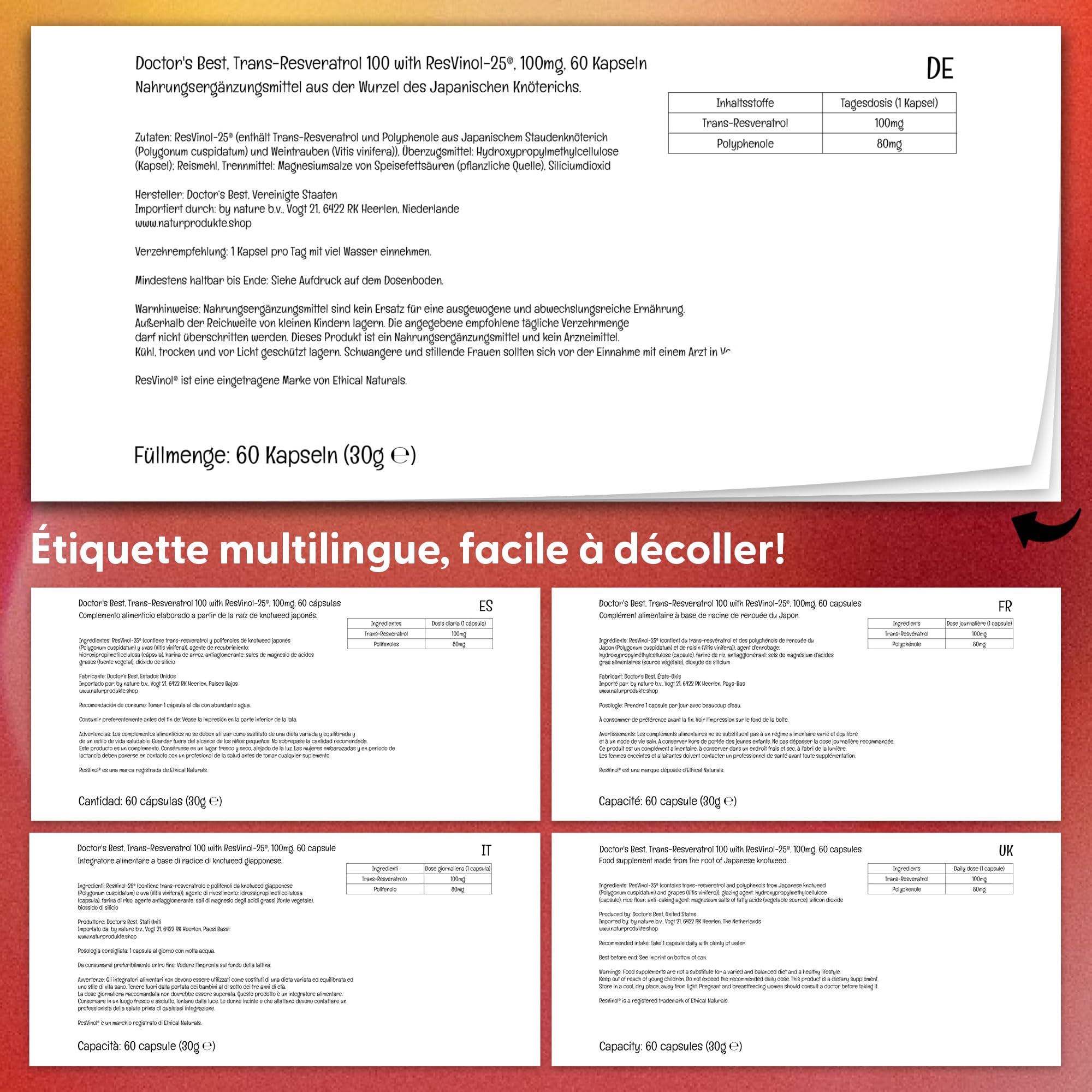 Doctor's Best, Trans-Resveratrol 100 avec ResVinol, 100mg, 60 Gélules végétaliennes, Testé en Laboratoire, Sans Gluten, Sans Soja, Végétarien