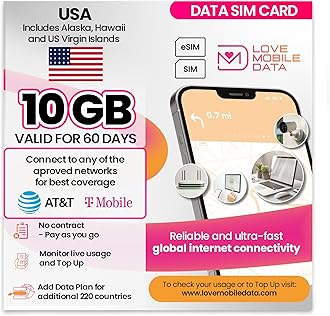 Love Mobile Data Only Sim Card - International Multi-Network 4G/5G Prepaid Pay As You Go Data Sim for Mobile Phones, WiFi Routers, & More, UK & USA (Alaska, Hawaii, US Virgin Islands) - 10GB 60 Days