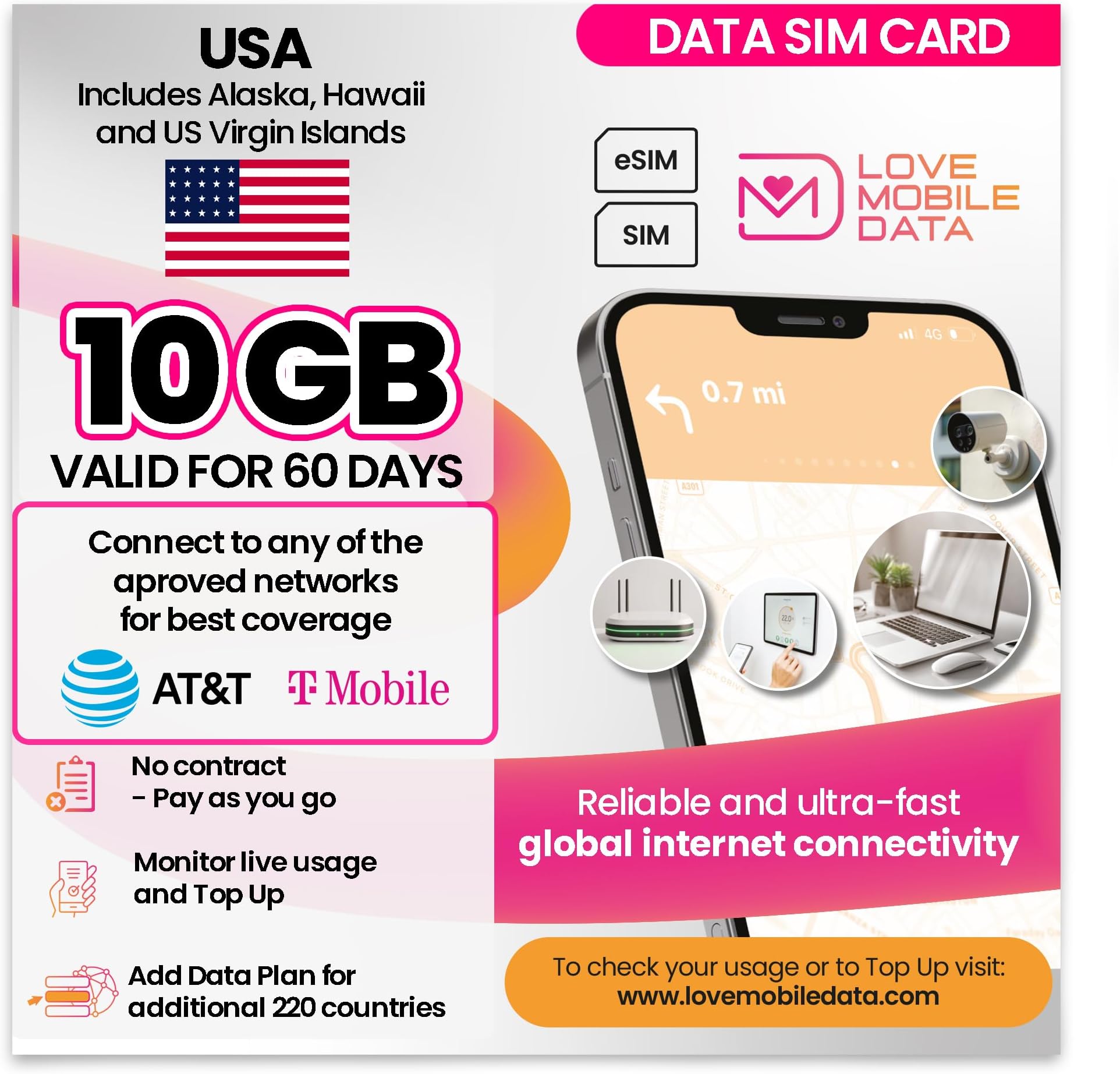 – Love Mobile Data Only Sim Card - International Multi-Network 4G/5G Prepaid Pay As You Go Data Sim for Mobile Phones, WiFi Routers, & More, UK & USA (Alaska, Hawaii, US Virgin Islands) - 10GB 60 Days