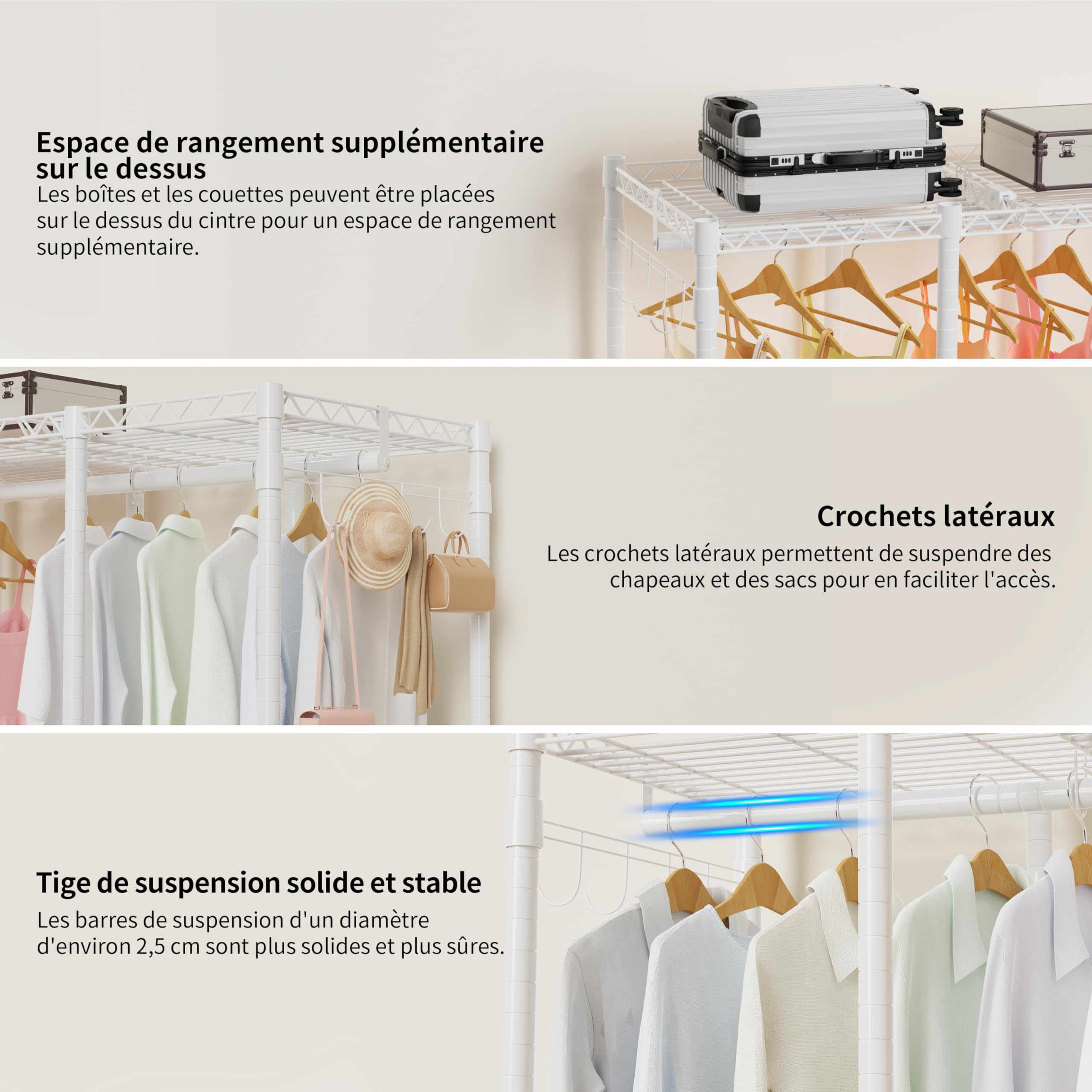 AQRA Portant à Vêtements Robuste, Penderie Vetement en Métal, Blanc