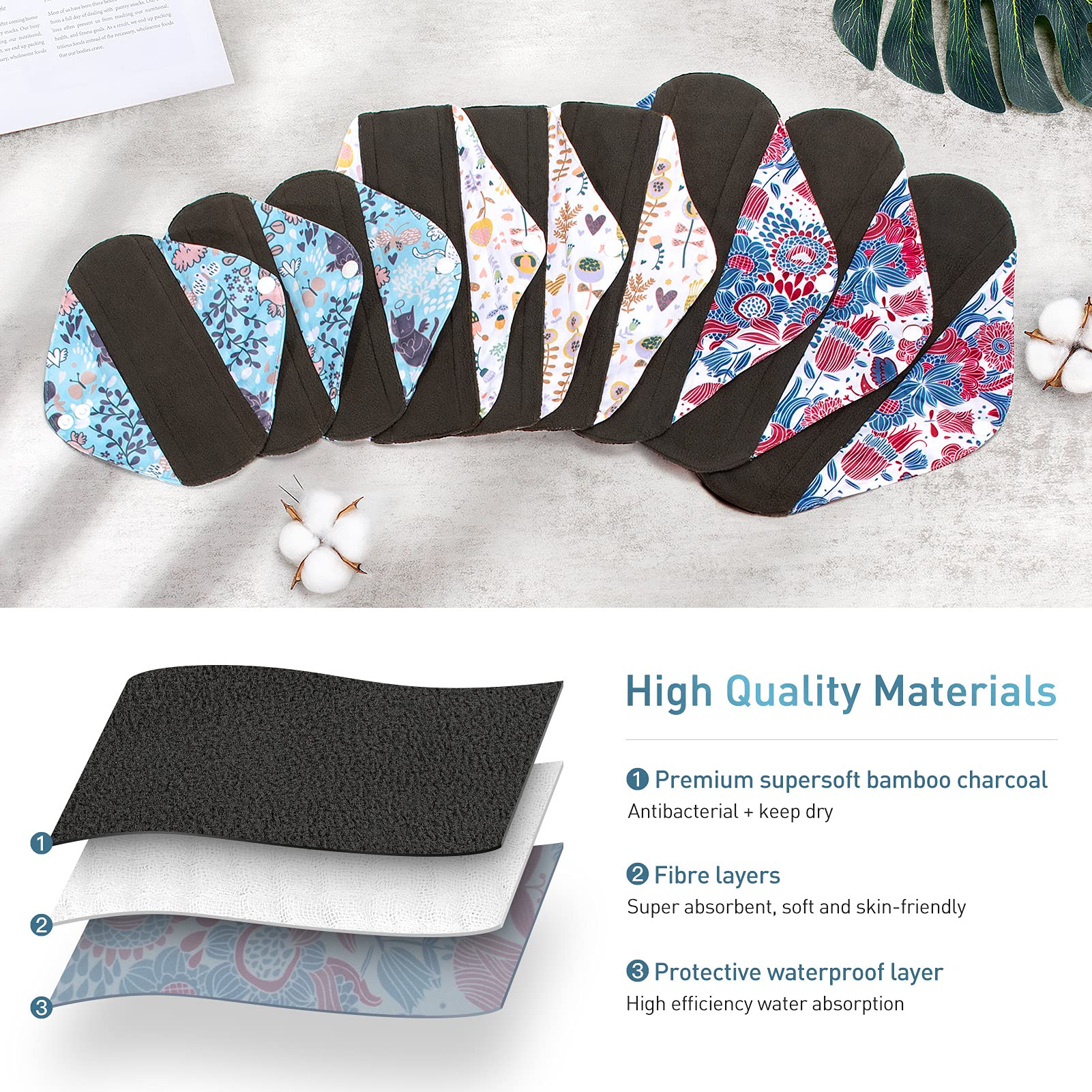 Viedouce - Toalla higiénica lavable, juego de 9 toallas higiénicas reutilizables, toalla higiénica de tela, protege slip lavable con 2 bolsas de almacenamiento impermeables