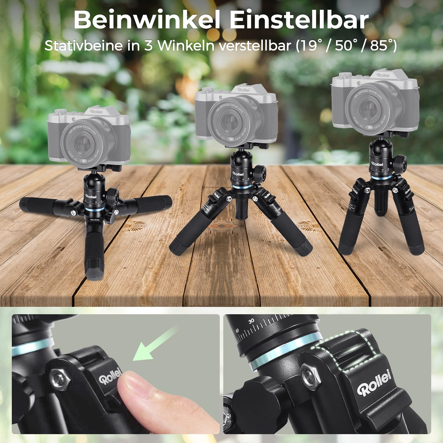Rollei Compact Traveler Mini M1, Ministativ Kamera aus Aluminium 49cm Leichtes Desktop Reisestativ Klein mit Arca Swiss Kugelkopf Kompaktes Tischstativ für DSLR Schwarz, Stativ-Klein-Mini-Tripod