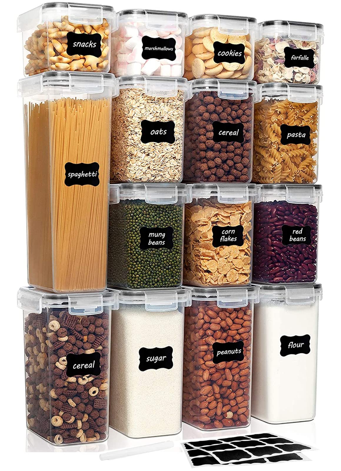 U-HOOME Cereal & Dry Food Storage Containers,BPA Free Airtight Plastic Kitchen Storage Organizer with Locking Lids,15PCS Food Storage Box for Flour,Snack,Sugar,Rice with 24 Chalkboard Labels &1 Marker