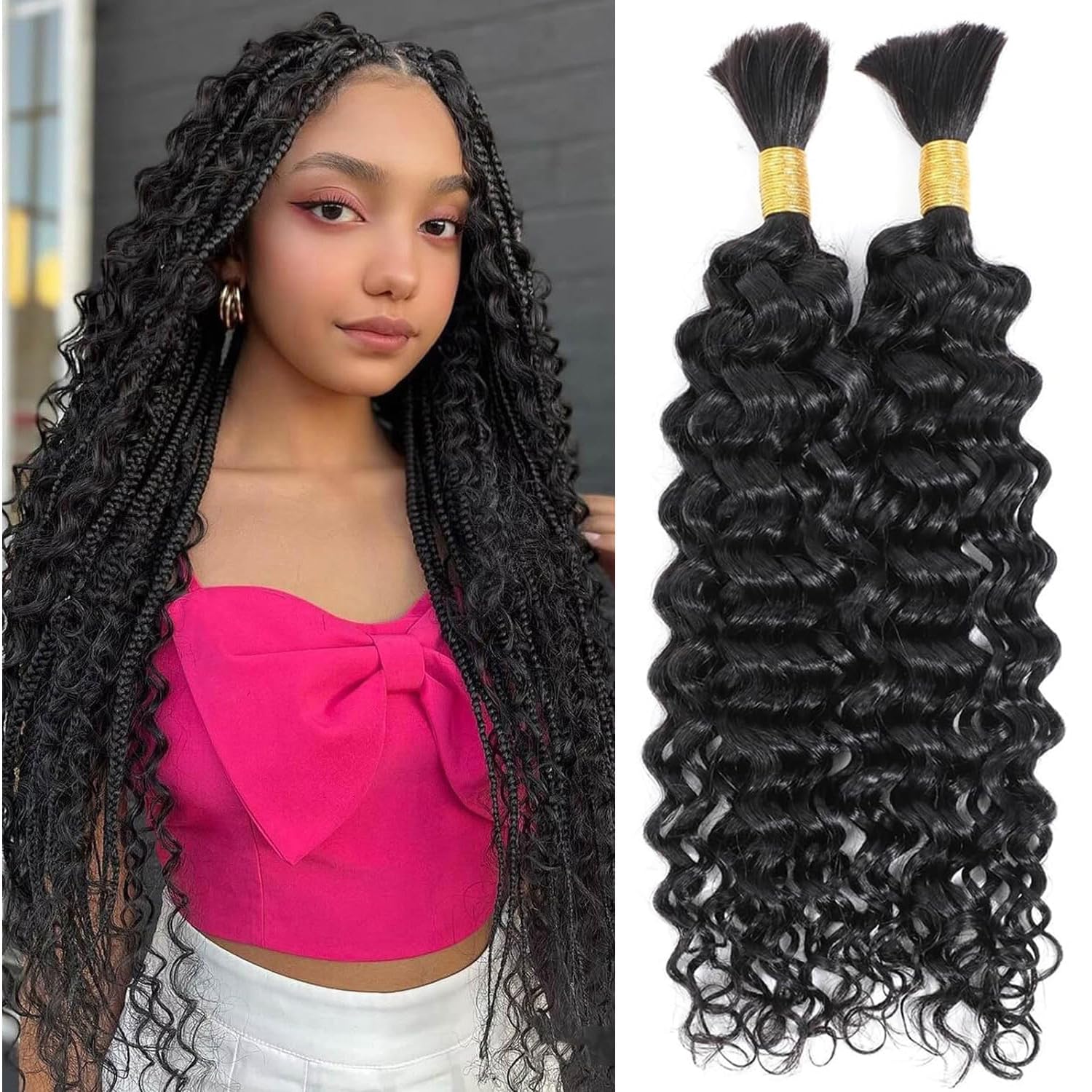 Human Braiding Hair 100g 24 Inch Water Wave Human Hair for Boho Braids Brazilian Virgin Curly Human Hair for Extensions Knotless Braids No Weft Boho Knotless Braids Bulk(Natural color)