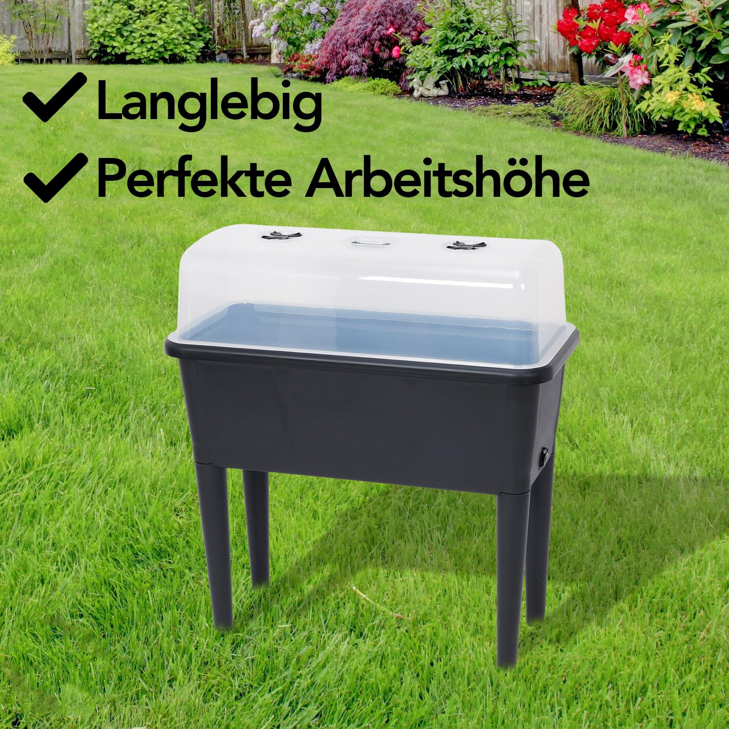 Brixy Wetterfester Anzuchttisch mit Deckel, höhenverstellbar, 76 x 37 x 85 cm, 70L Volumen, Schwarz