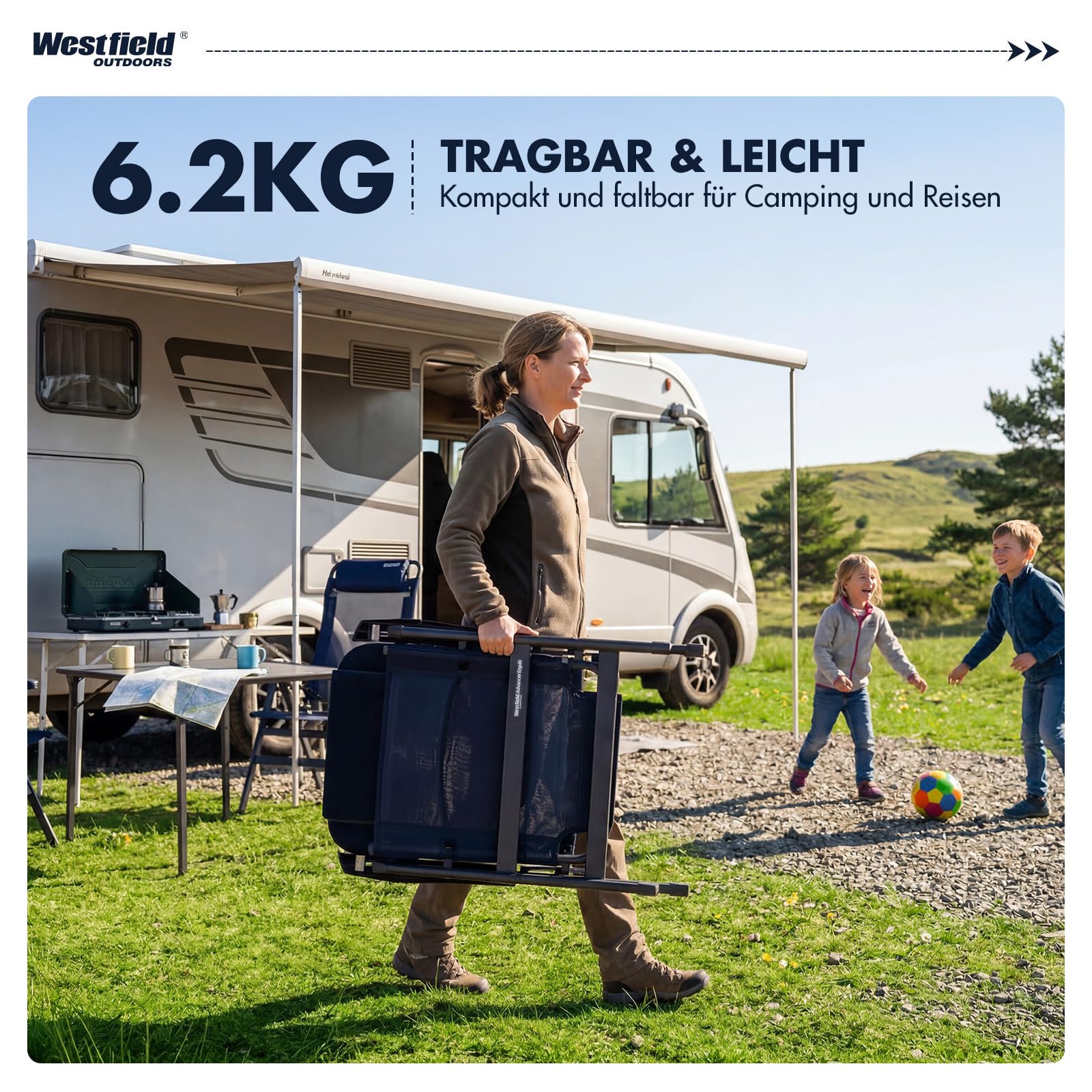 Westfield Outdoors Advancer Ergofit Campingstuhl Faltbar, 5-Fach Verstellbar, Klappstuhl Hohe Rückenlehne, Atmungsaktiver, Kopfteil, für Garten, Wohnwagen, Camping, 160 kg Belastbar, Nachtblau