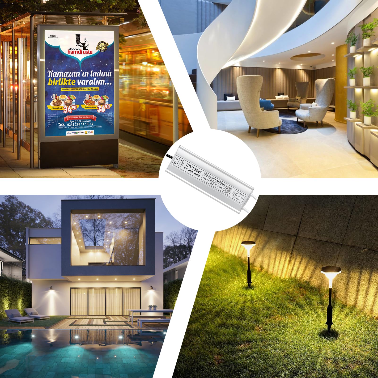 inShareplus Transformador LED 12 V 12,5 A 150 W IP67 impermeable para exteriores, CA 90-265 V a DC 12 V, transformador de bajo voltaje, fuente de alimentación de 12 V para luz LED, proyecto de