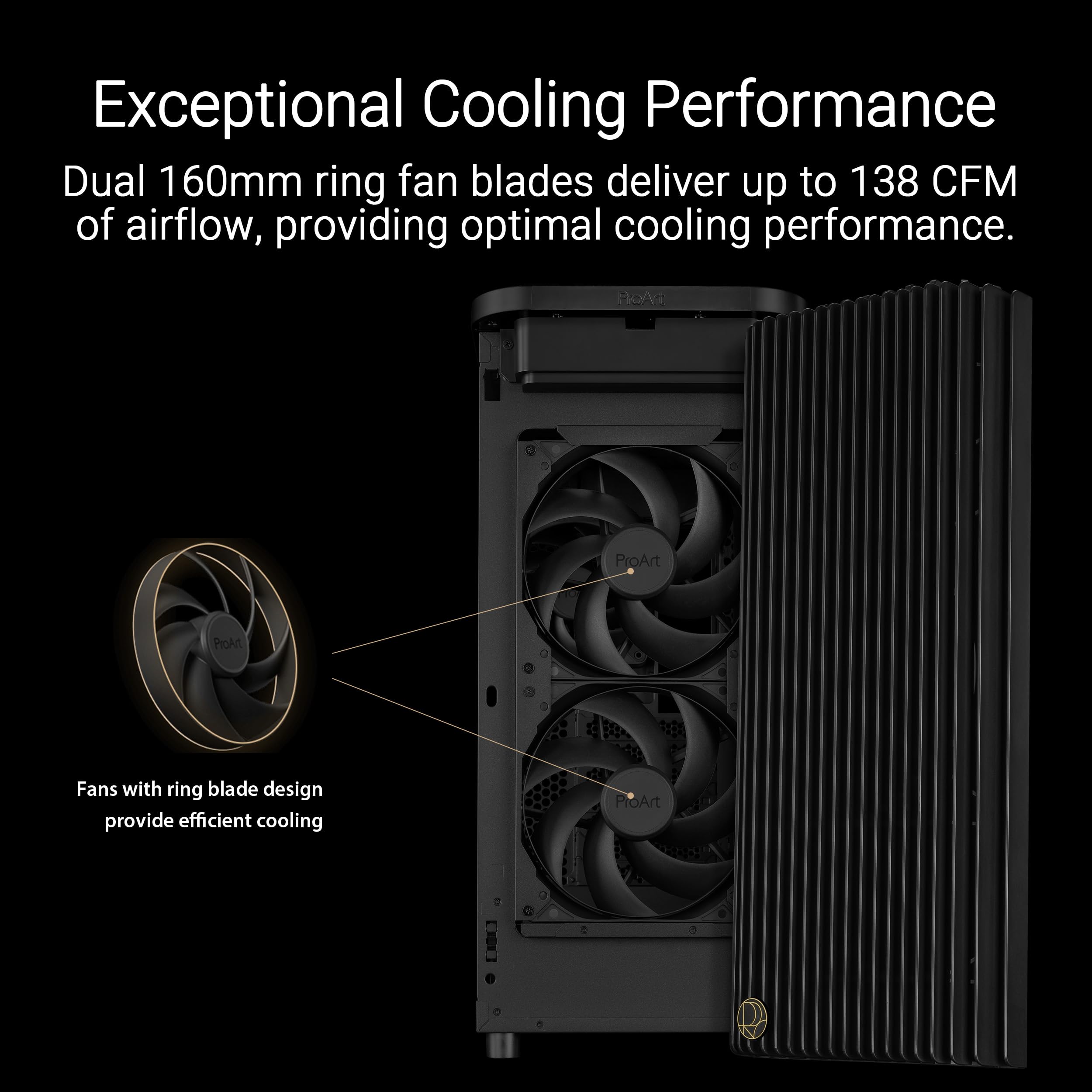 ASUS ProArt PA401, Chasis ATX con Panel de Metal, Compatible con GPU de hasta 314 mm, Dos Ventiladores de 160 mm, Bloqueo del Panel Lateral, Soporte para Fuente de alimentación extraíble