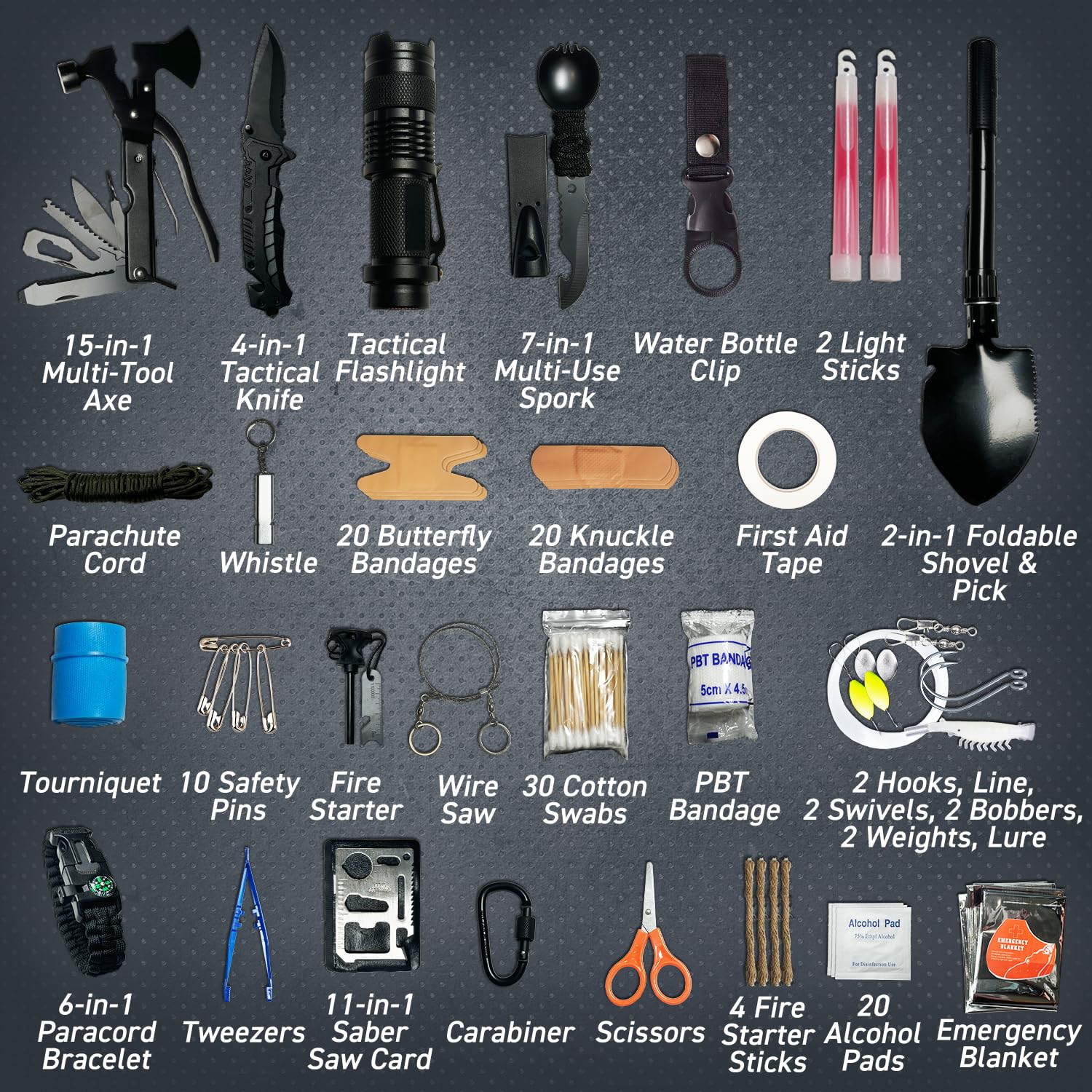 GunZee Kit de supervivencia de 175 piezas, kit de primeros auxilios para emergencias y aventuras al aire libre, IFAK, equipo de pesca, bolsa compatible con Molle, viajes en coche, camping, senderismo