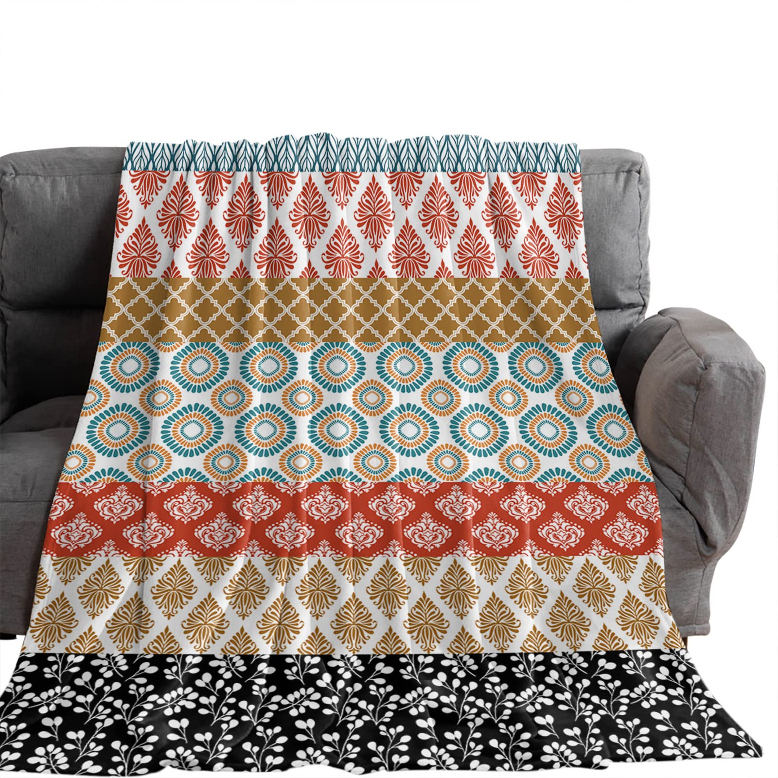 Fleece Blanket Bohemia Tribe Stripe Geometric Blankets, Soft Cozy Warm Flannel Throw Blanket, Vintage Ethnic Art Blanket for Bed Couch Sofa