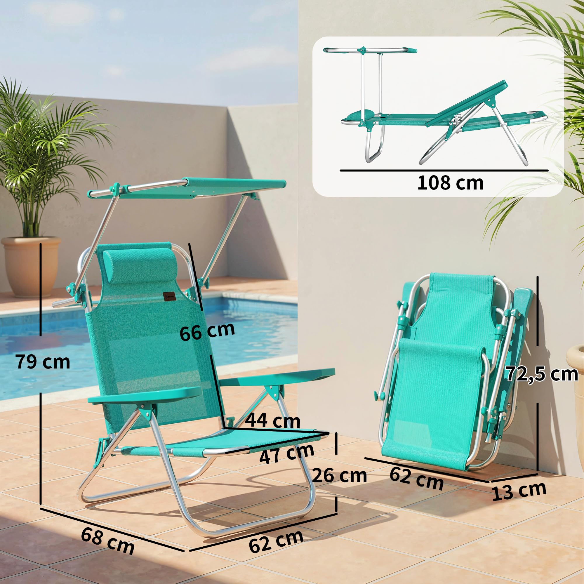 Outsunny - Silla de Playa Plegable con Toldo Ajustable, Respaldo Reclinable de 6 Posiciones, Reposacabezas, Aluminio y Malla Transpirable, para Exterior, Jardín, Pícnic, Festival, Viajes, Turquesa