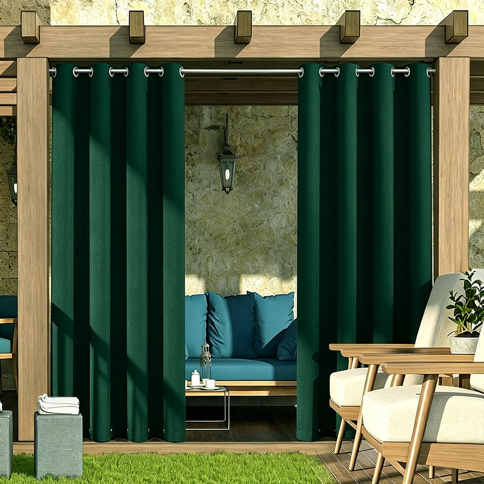 Rideau Exterieur 154 x 172 cm Rideaux Occultants Imperméables, UV Résistant Solaire et Protection de La Vie Privée Garden Rideau D'Extérieur pour Intérieur, Jardin, Vert Foncé