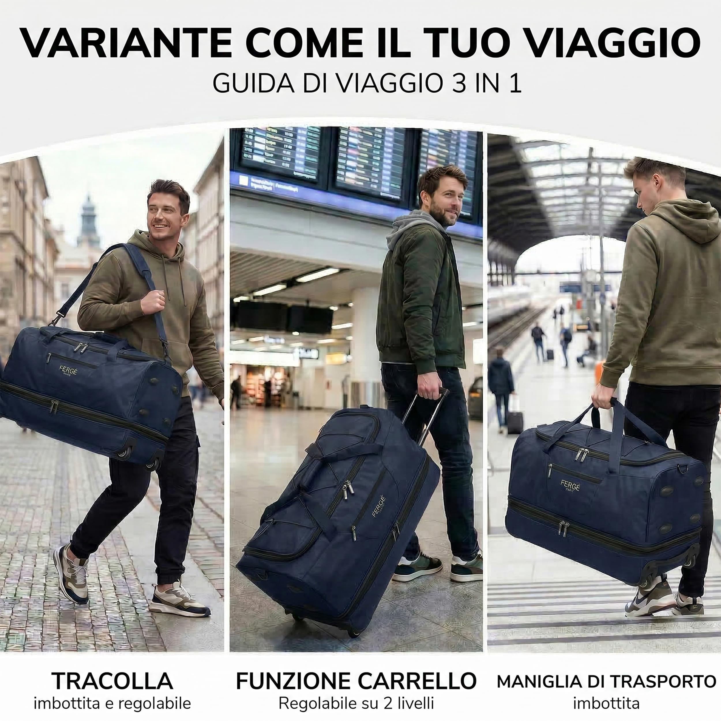 FERGÉ XL borsa da viaggio capiente con rotelle, espandibile e scomparto per scarpe - Trolley con cinghie di fissaggio, borsa da viaggio morbida, Weekender PARIS