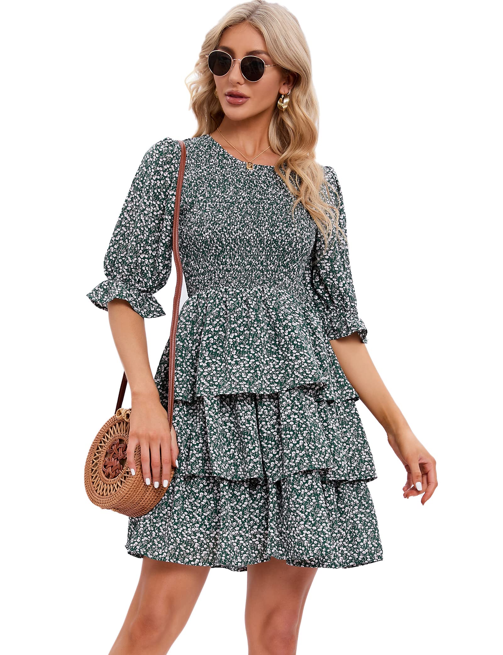MANAIXUAN Women's Summer Floral Print Mini Party Dresses Puff Sleeve Flowy 3 Layer Ruffle Casual Dress