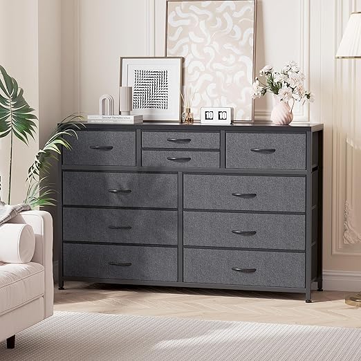 GAOMON 10 Drawers Fabric Dressers for Bedroom, Modern Chest of Drawers, Lightweight Entertainment Center with Fabric Bins for Living Room, Hallway, 45" Wide TV Stand Dressers, Wood Top, Steel Frame