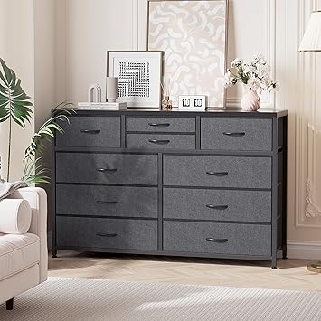 GAOMON 10 Drawers Fabric Dressers for Bedroom, Modern Chest of Drawers, Lightweight Entertainment Center with Fabric Bins for Living Room, Hallway, 45" Wide TV Stand Dressers, Wood Top, Steel Frame