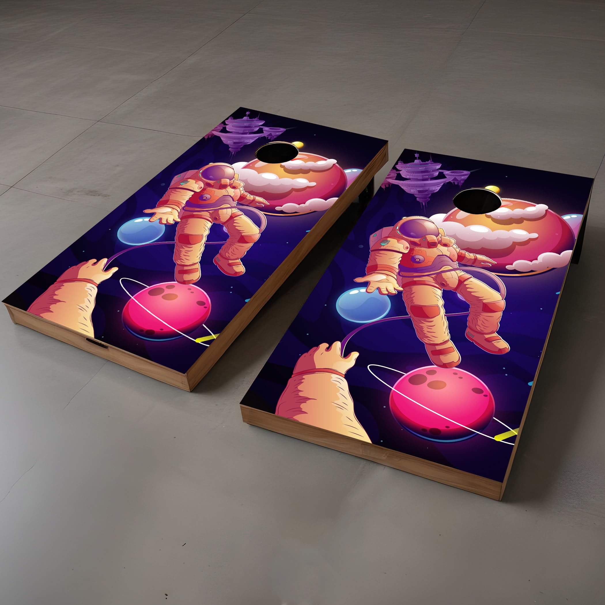 AdesiivoStudio Out of This World Cornhole Board Wraps - Astronaut Adventure Space Odyssey Wrap for Outdoor Games - Galactic Dream Cosmic Voyage Yard Games - Galaxy Explorer Design