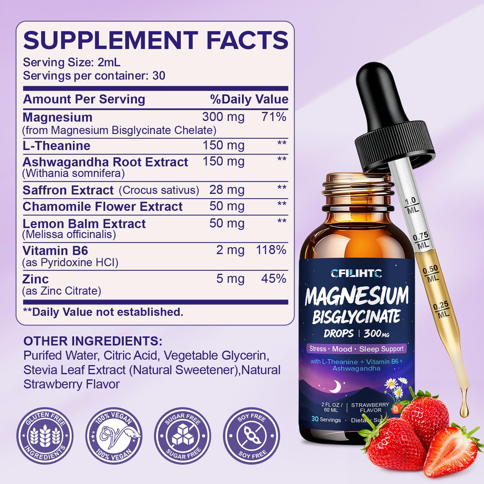 2 Pack Magnesium Bisglycinate Liquid Drops, 300mg Liquid Magnesium Drops with L-Theanine, Ashwagandha, Saffron & Chamomile, Supports Sleep, Calm Mood & Stress, 2 Fl Oz Strawberry Flavor — Amazon image 8