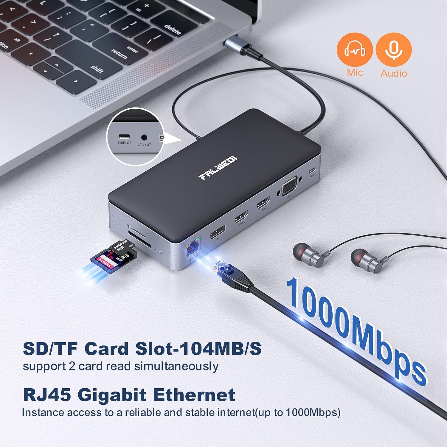 USB C Docking Station Dual Monitor, 16 in 1 Multiport Adapter Hub with Triple Display (2 HDMI, DP, VGA, 2 PD 100W & 18W, RJ45, USB C&A, SD/TF, Mic/Audio) Compatible for MacBook/Dell/HP/Lenovo Laptops : Electronics