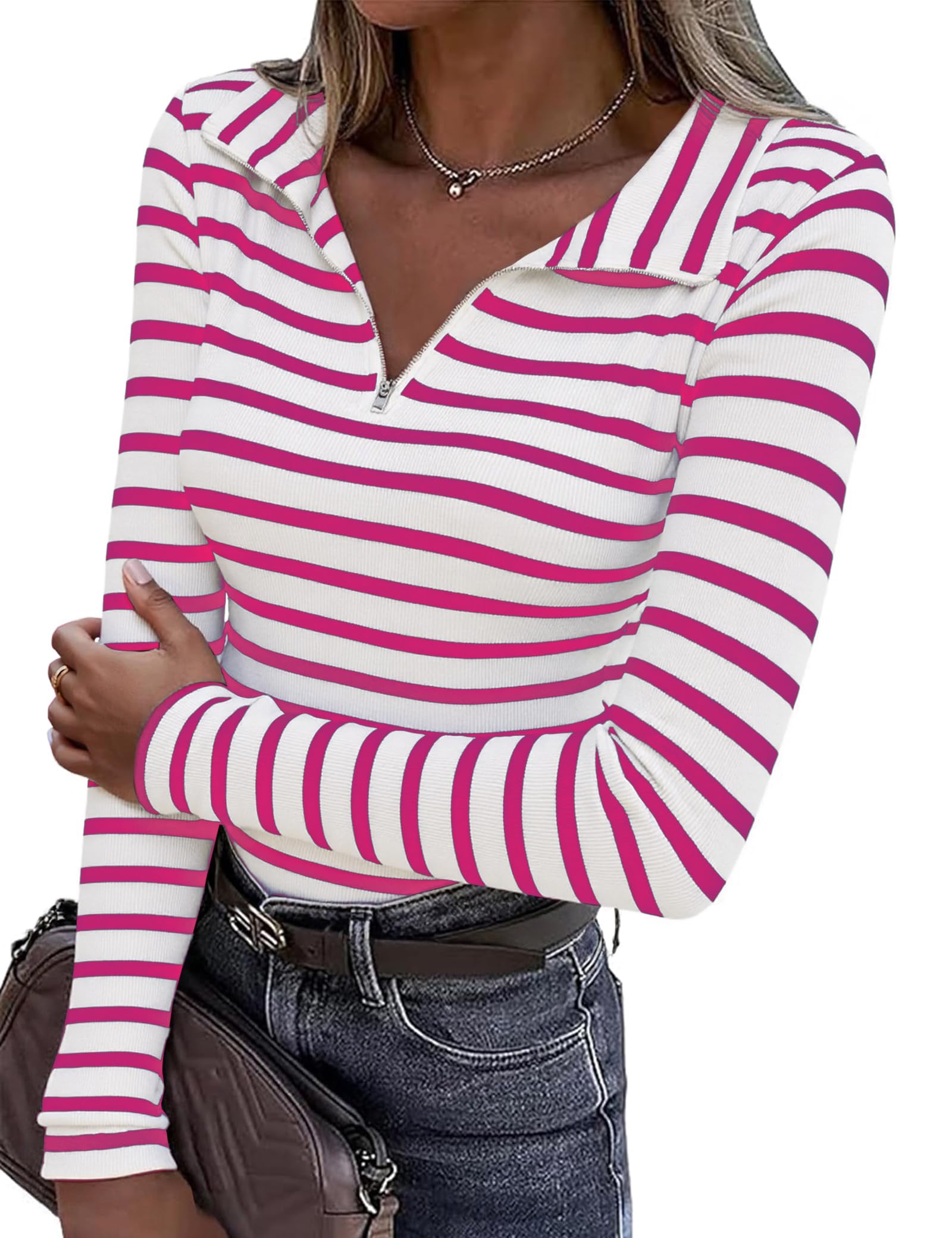 Aottori Pullover Damen Gestreiftes Langarmshirt Baumwolle Polo V-Ausschnitt Half Zip Shirt Langarm Ringelshirt Oberteile Elegant Herbst Winter Tee Shirts Tops