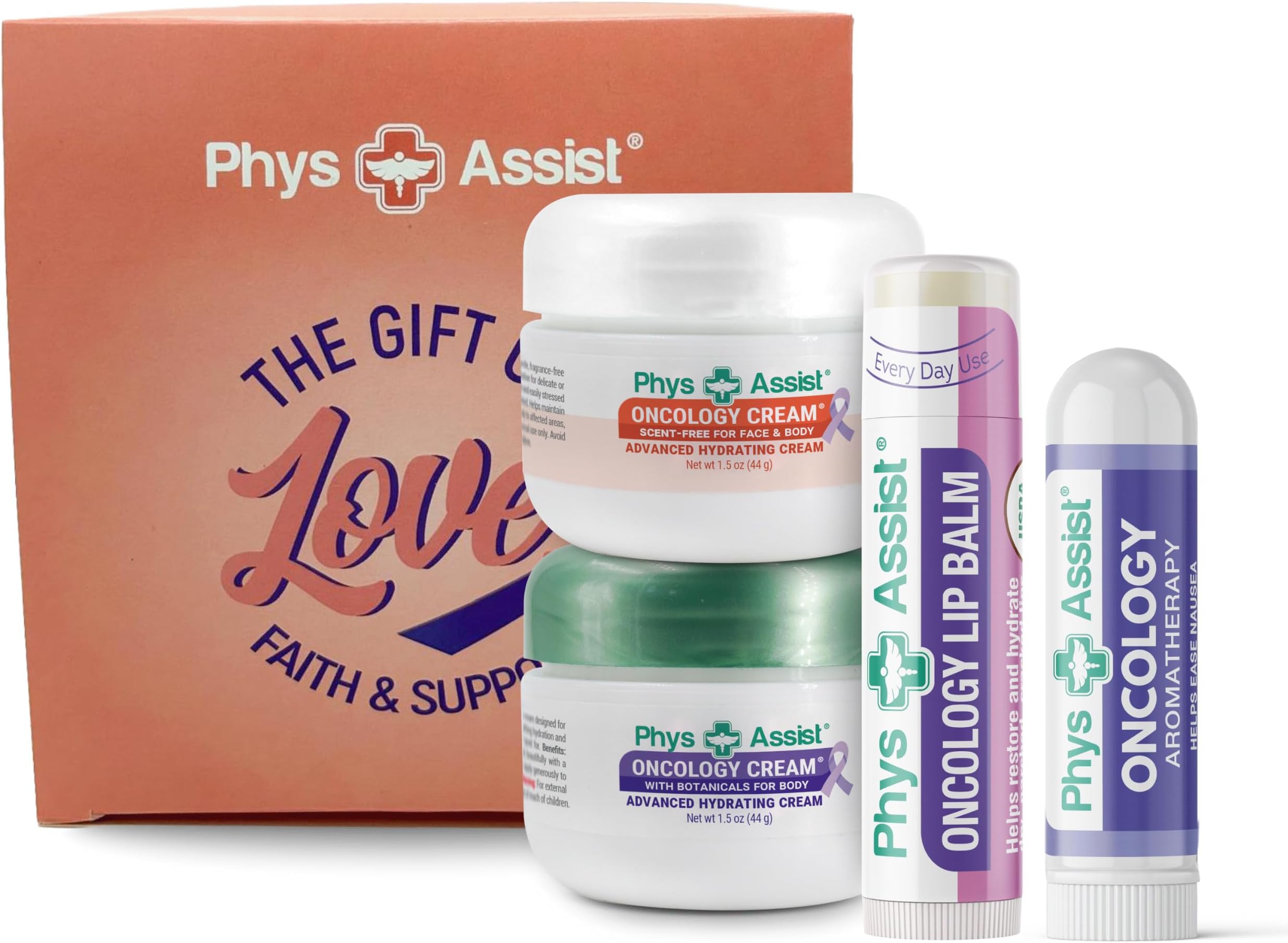 PhysAssist - Comfort kit The Gift of Love, Faith & Support. 1.5 oz Botanical & Scent-Free Creams, Lip Balm & Aromatherapy Inhaler for Dry, Sensitive & Stressed Skin