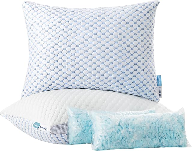 Bedsure Shredded Memory Foam Pillow - Firm Side Sleeper Pillows, Premium Rayon Derived from Bamboo Cooling Pillow with Adjustable Loft and Washable Zipper Cover (White & Blue, Queen (Pack of 2))