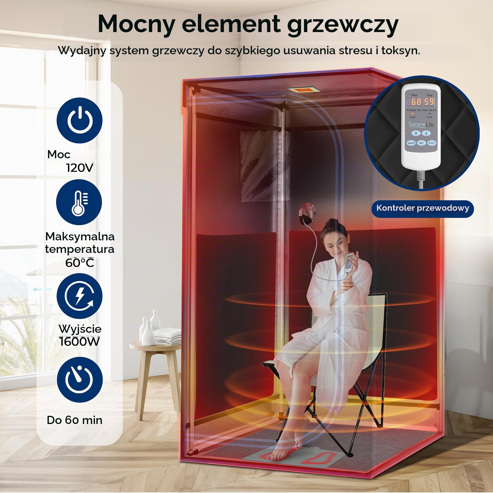 SereneLife SPA Przenośne Pełnowymiarowe Podczerwieni Domowa Sauna dla jednej osoby z podgrzewaną podkładką pod stopy i przenośnym krzesłem