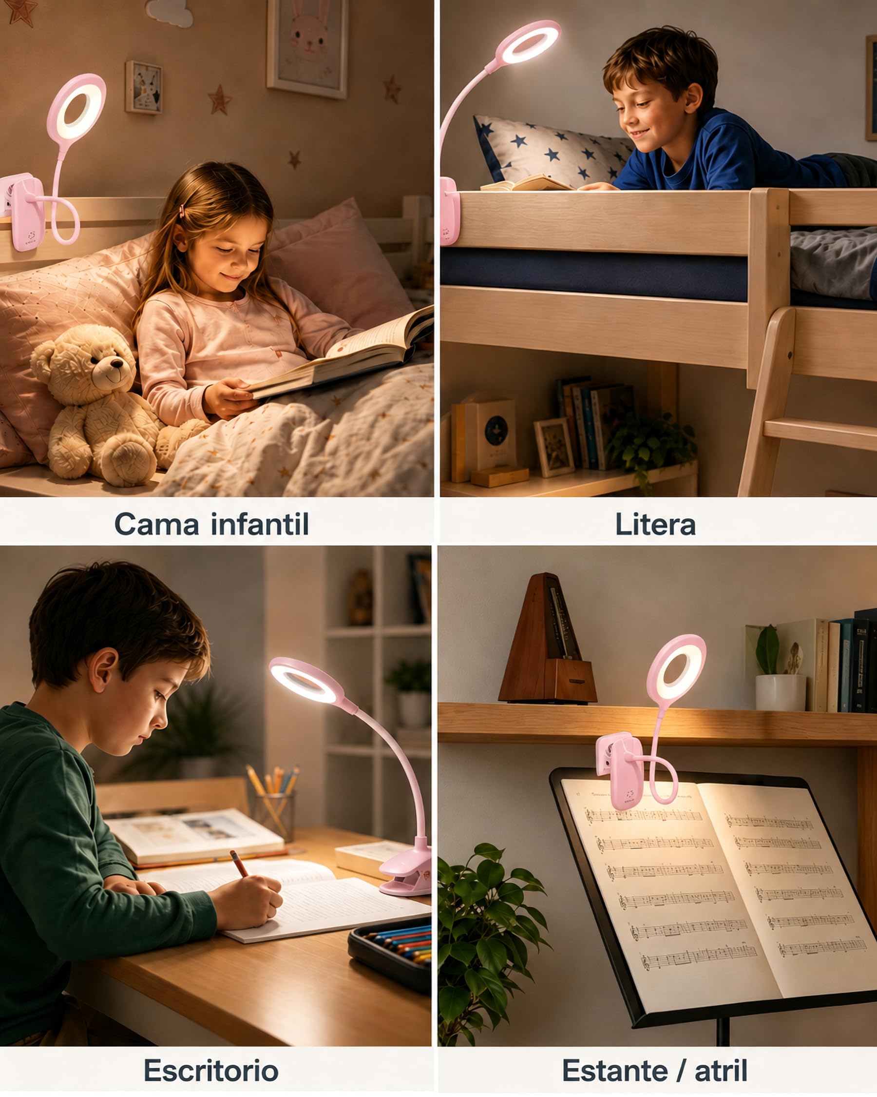 Lámpara LED de Escritorio con Pinza para Niños, Luz de Lectura Recargable USB, 3 Modos de Luz, Cuello Flexible 360°, Batería 2200mAh, para Estudiar, Leer en Cama y Trabajar, Rosa