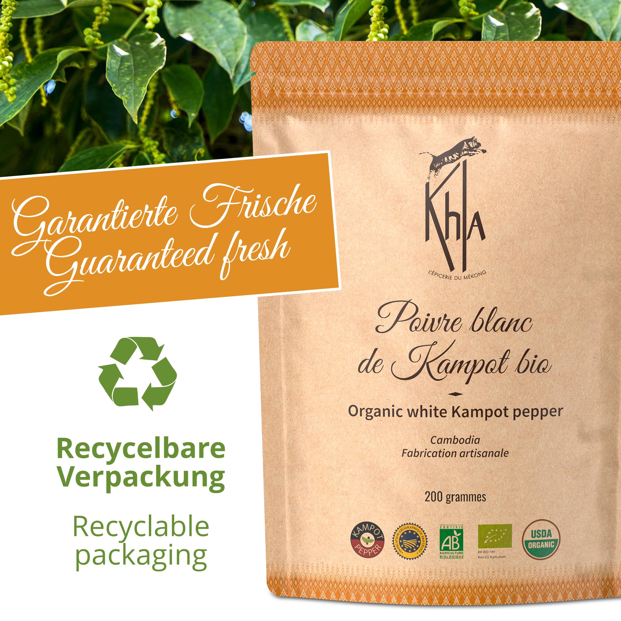 Khla - Kampot Pfeffer Weiß Bio 200g - Weißer Pfefferkörner Ganz Biologisch - Grand Cru, Stark & Kräftig - Zutat Küchen - Direkt vom Erzeuger - Weiße Körner Ganze für Mühle - Aus Kambodscha