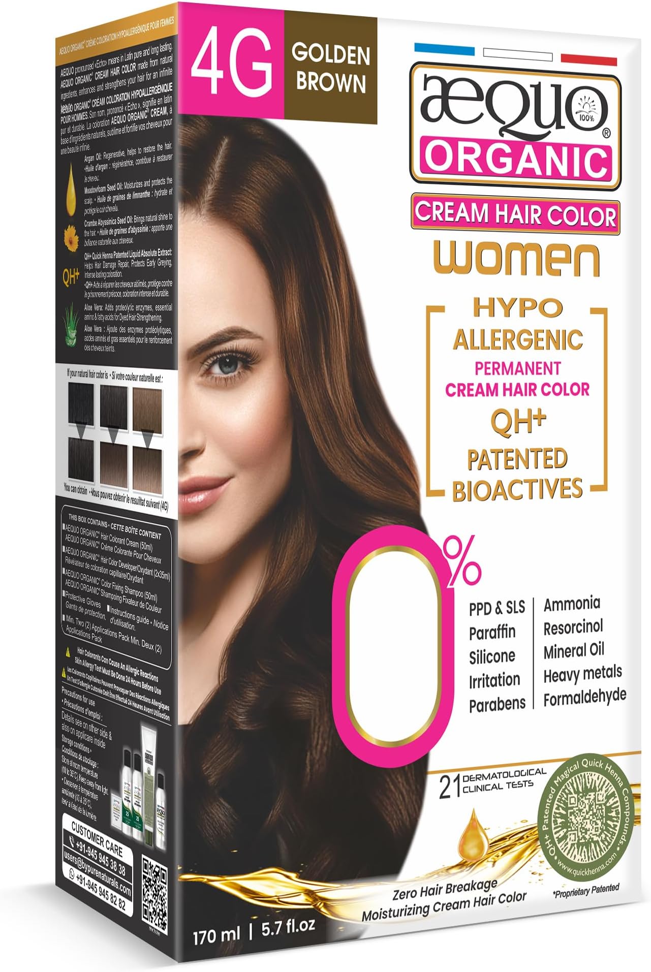Aequo Organic Cream Hair Colour With QH+ Water | Natural, 100% Grey Coverage, Long-Lasting, PPD & Ammonia Free Permanent Hair Conditioning Color For Women | 4G Golden Brown 170ml, Pack Of 1