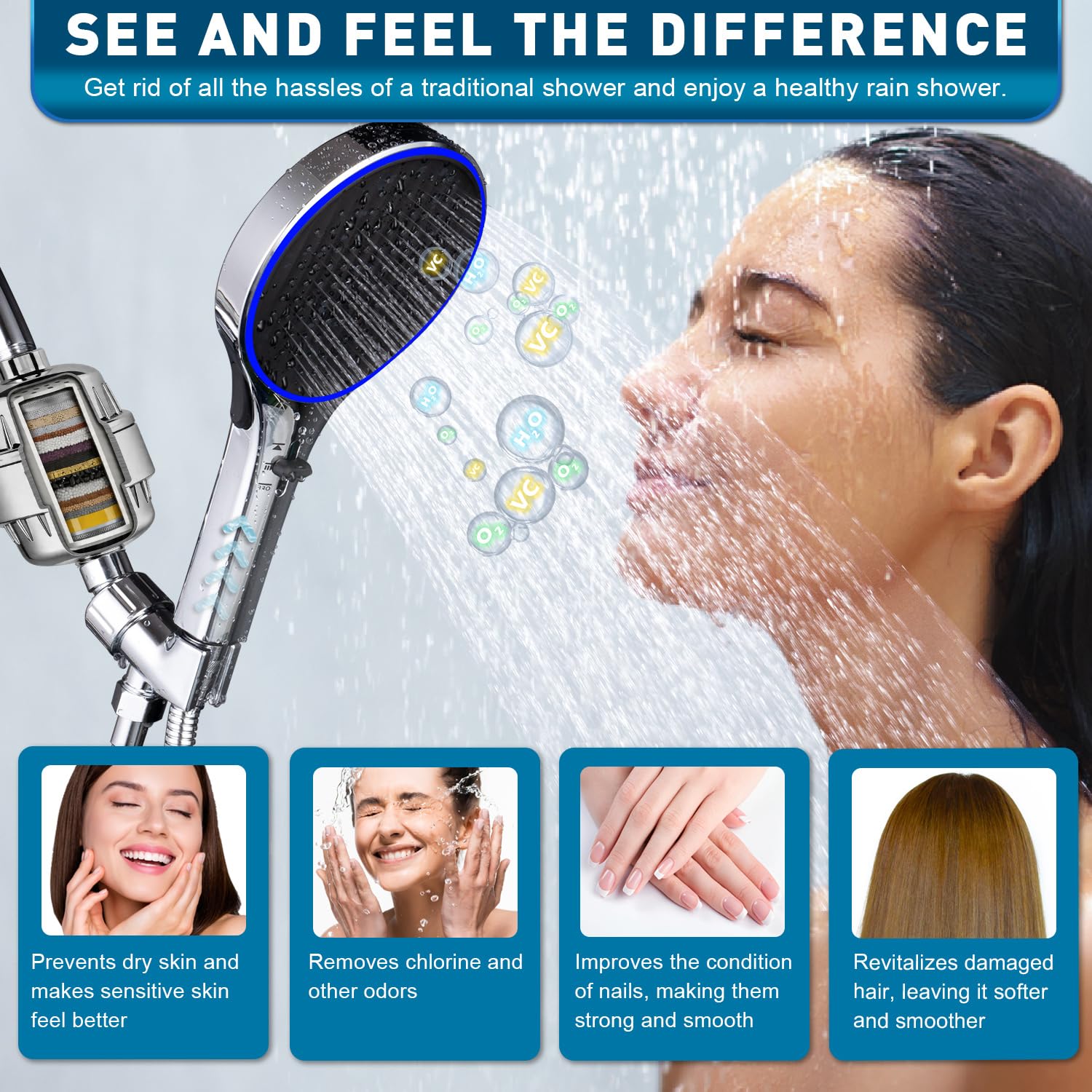 CWPW Soffione doccia con filtro a LED, ad alta pressione, 4 getti con filtro a 20 stadi di vitamina C/E/A, rimuove il cloro, riduce la pelle secca e pruriginosa, cambia colore