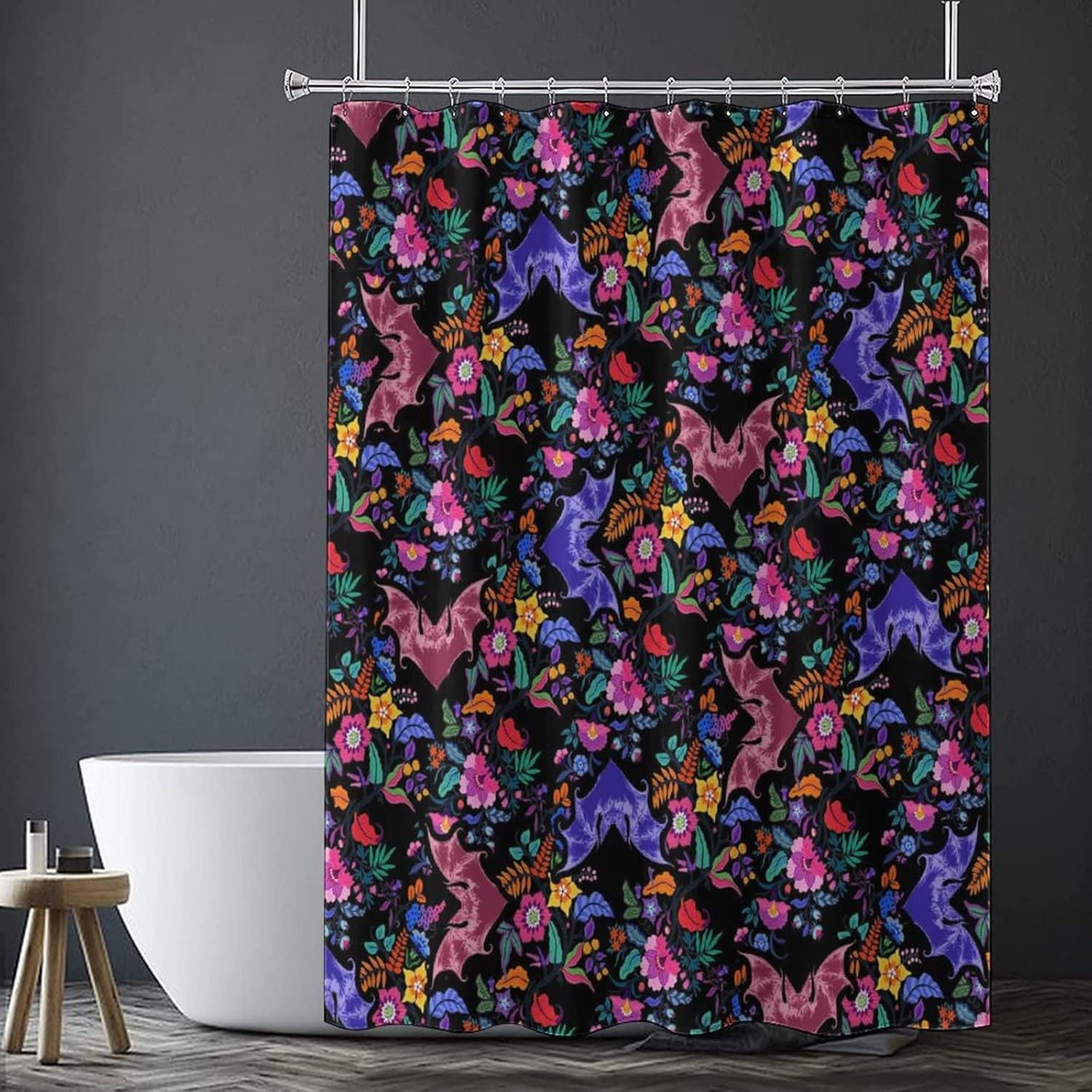 Gothic Bat Fabric Shower Curtain,Colorful Halloween Floral Bat Print Hotel Quality,Machine Washable,72L x72W for Bathroom.