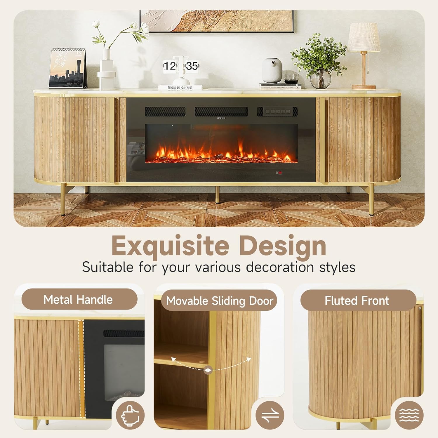 Luxury 70" Fluted Fireplace TV Stand, Modern Chic Entertainment Center for TVs Up to 80", TV Console for Living Room, Media Cabinet with Storage,70 Inch, Oak - Image 7