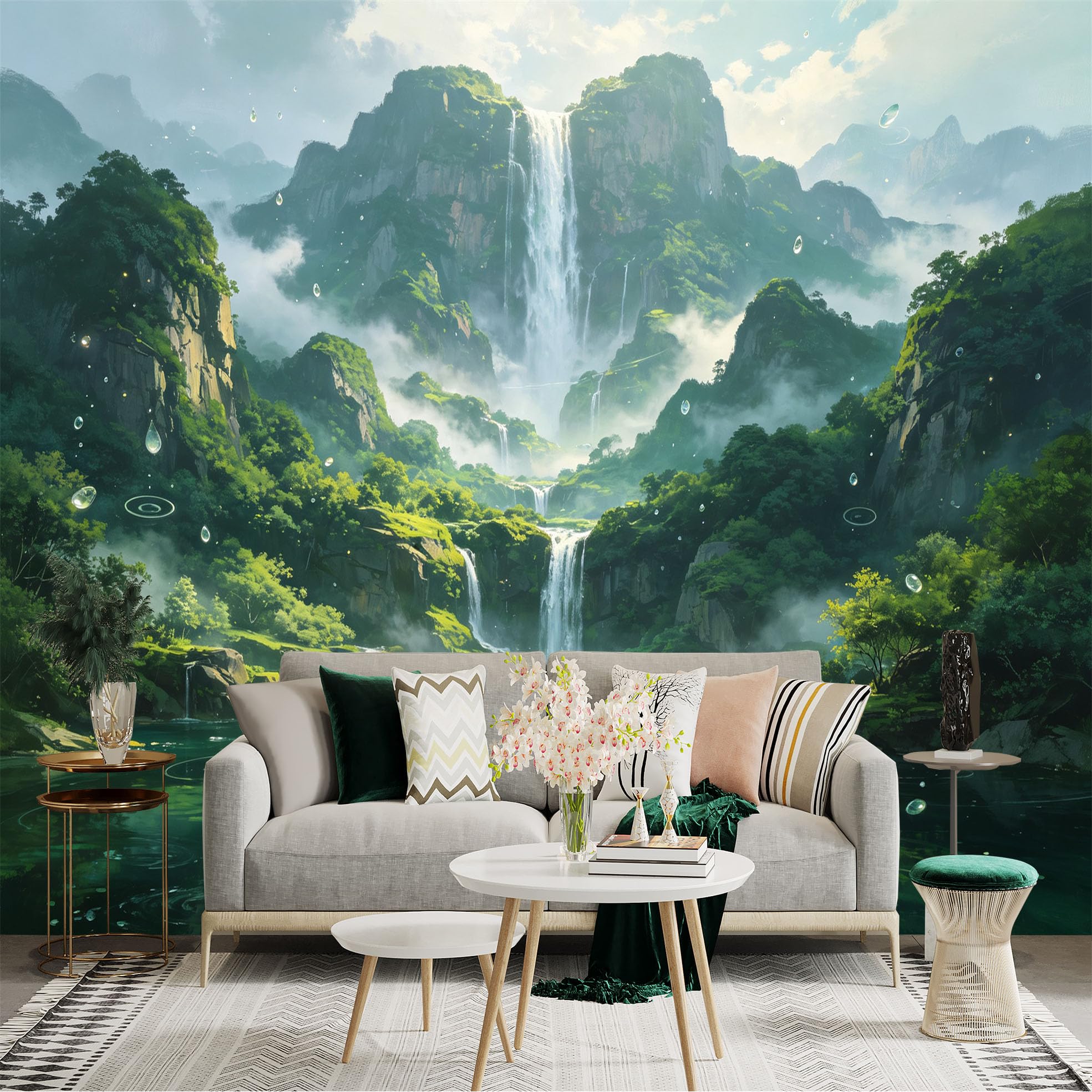 Custom Size Wall Sticker Mural， Majestic Waterfall in Misty Mountains， Lush Green Forest Scenery， Peaceful Nature Landscape， for wall Decoration， peelandstick wall Decals.