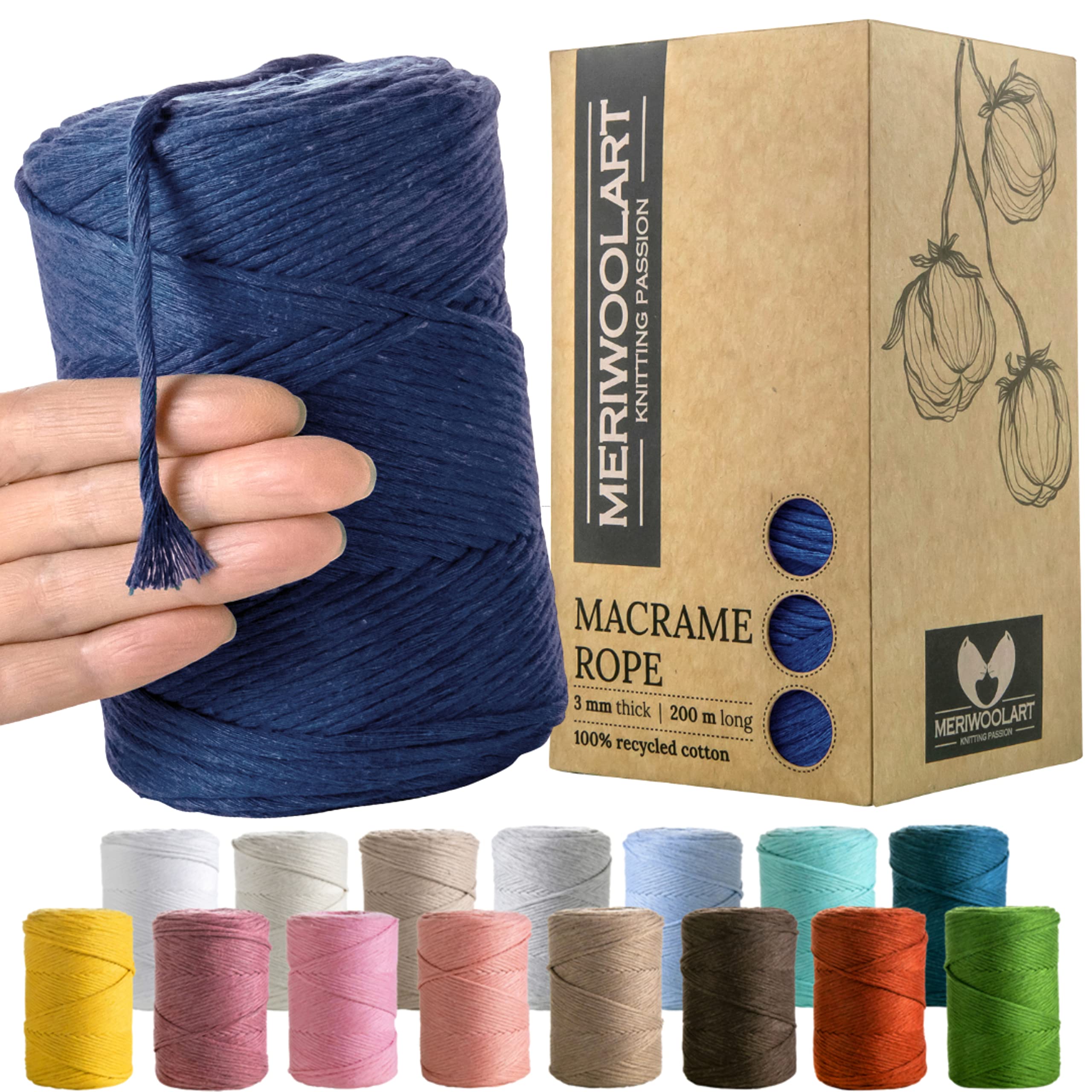 MeriWoolArt Macrame Cord 3mm Blue - Macrame Rope 200m - Super Soft, Single Twist Macrame String - Oeko-Tex 100% Recycled Cotton Macrame Cord Coloured- For DIY Macrame Crafts, Boho Home Décor