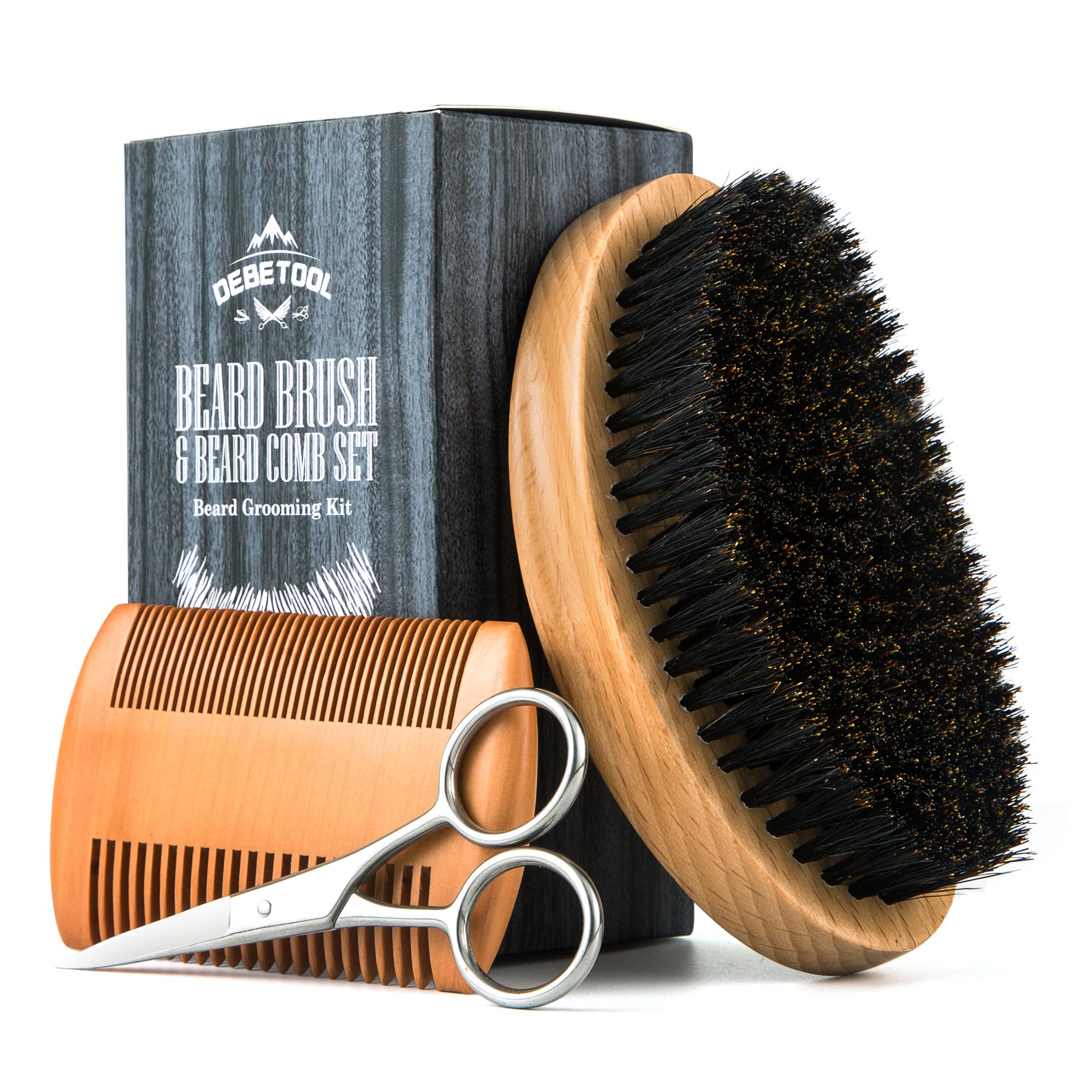 DEBETOOL Boar Bristle Beard Brush for Men - Wooden Beard Brush and Comb Set with Beard Scissors, Pocket Travel Men's Wooden Mustache Brush for Beard