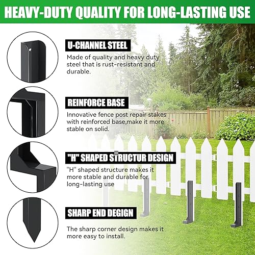 Miniatura 3 de Estacas de reparación de postes de cerca, kit de reparación de postes de acero resistente, poste de anclaje de valla de tierra para reparación de