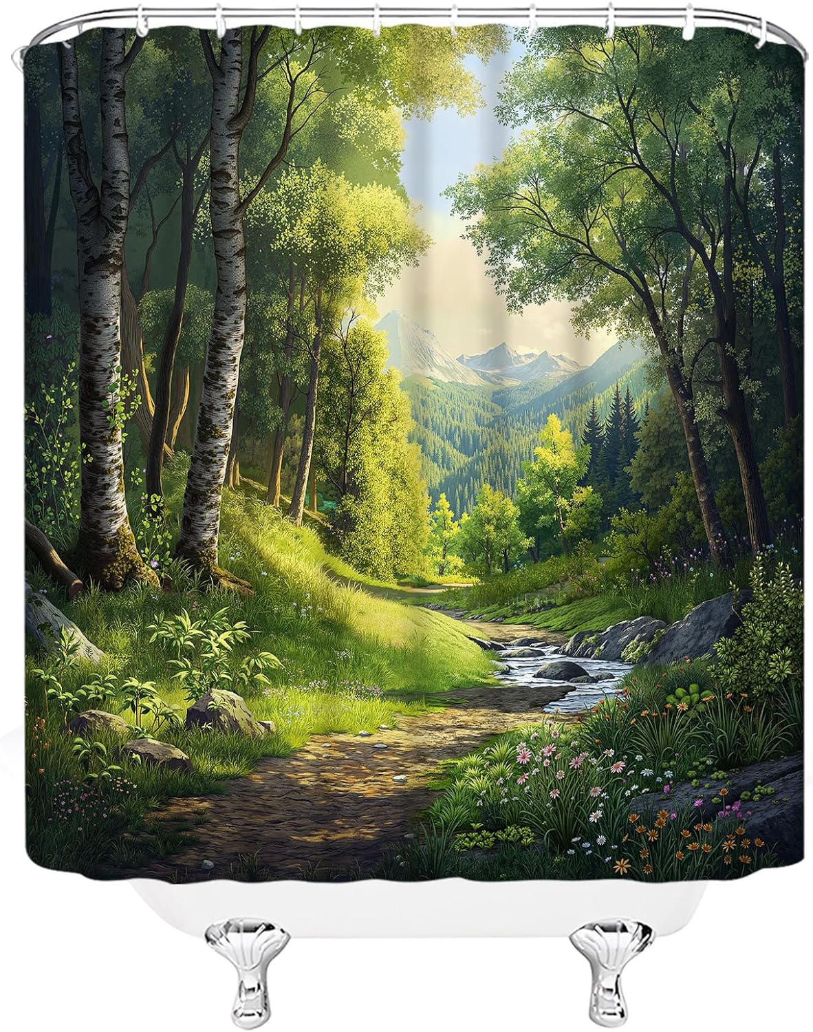 Nature Forest Shower Curtain Green Tree Jungle River Mountain Cabin Wild Plant Rustic Scenery Landscape Fabric Bathroom Decor Curtain with Hooks,70X96(WXH) Inches