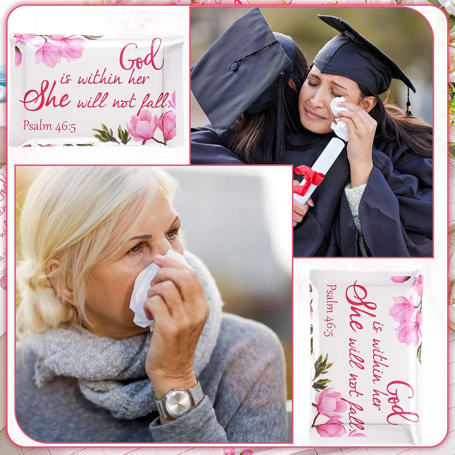 Sinmoe 60 Pack Christian Tissue Travel Pack Scripture Pocket Tissue Bible Verse Purse Facial Napkin Mini Inspirational Gift for Woman Mother's Day Party Charity Church Funeral Supply(Sweet Style)