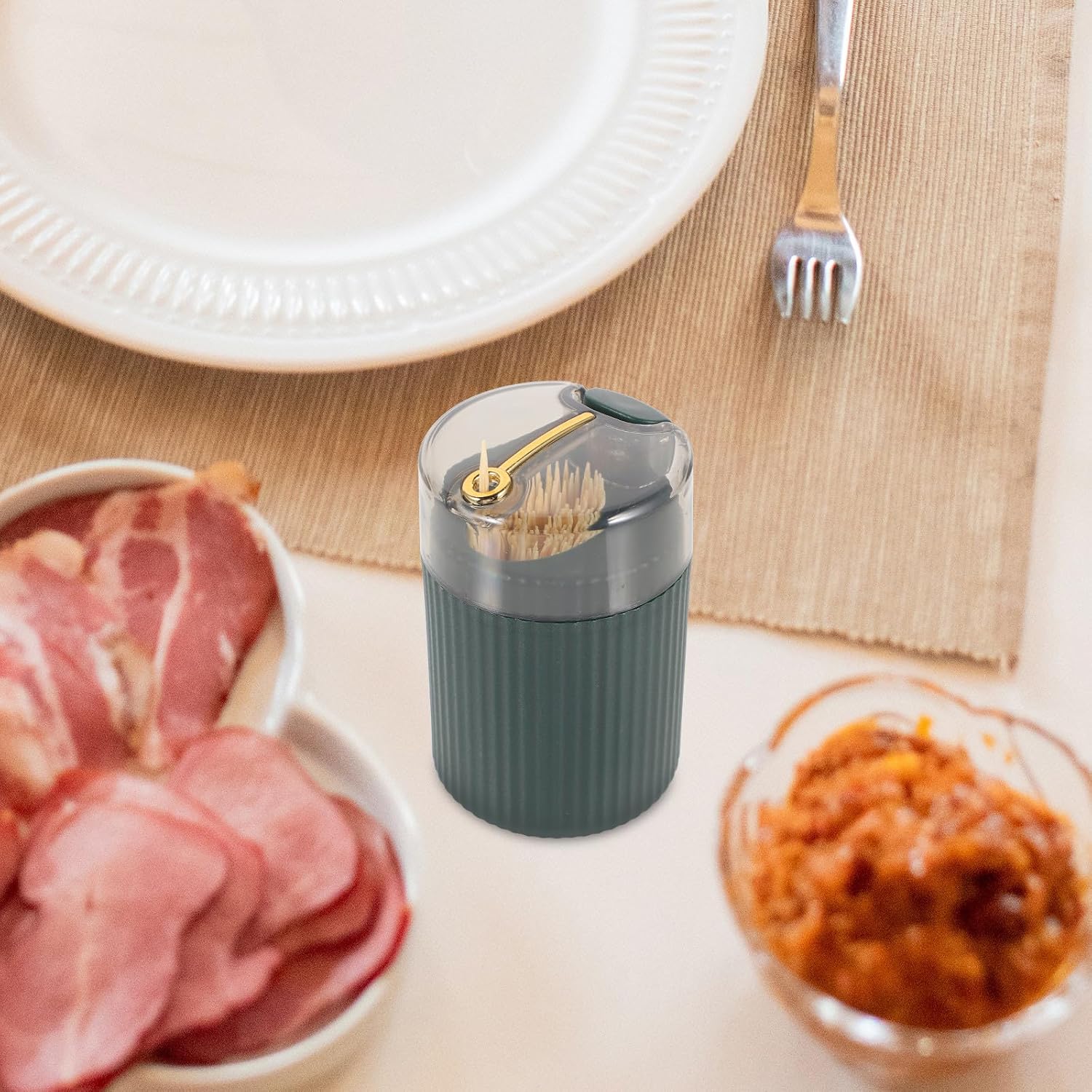 Push-button Toothpick Holder Container Automatic Toothpick Dispenser with Portable Dark Green Case for Household Table Use Kitchen Accessory image 5