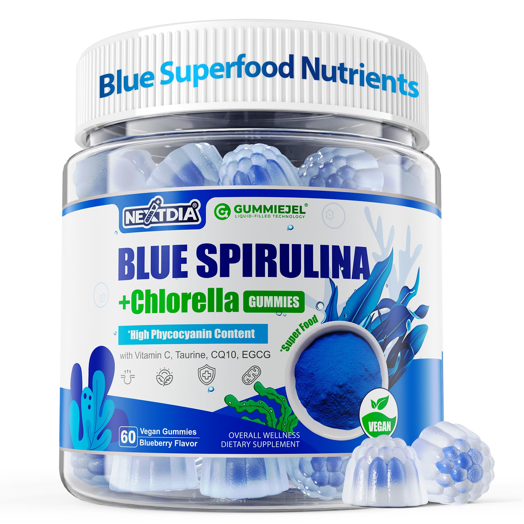 Nextdia Organic Blue Spirulina Chlorella Gummies, 60 Ct