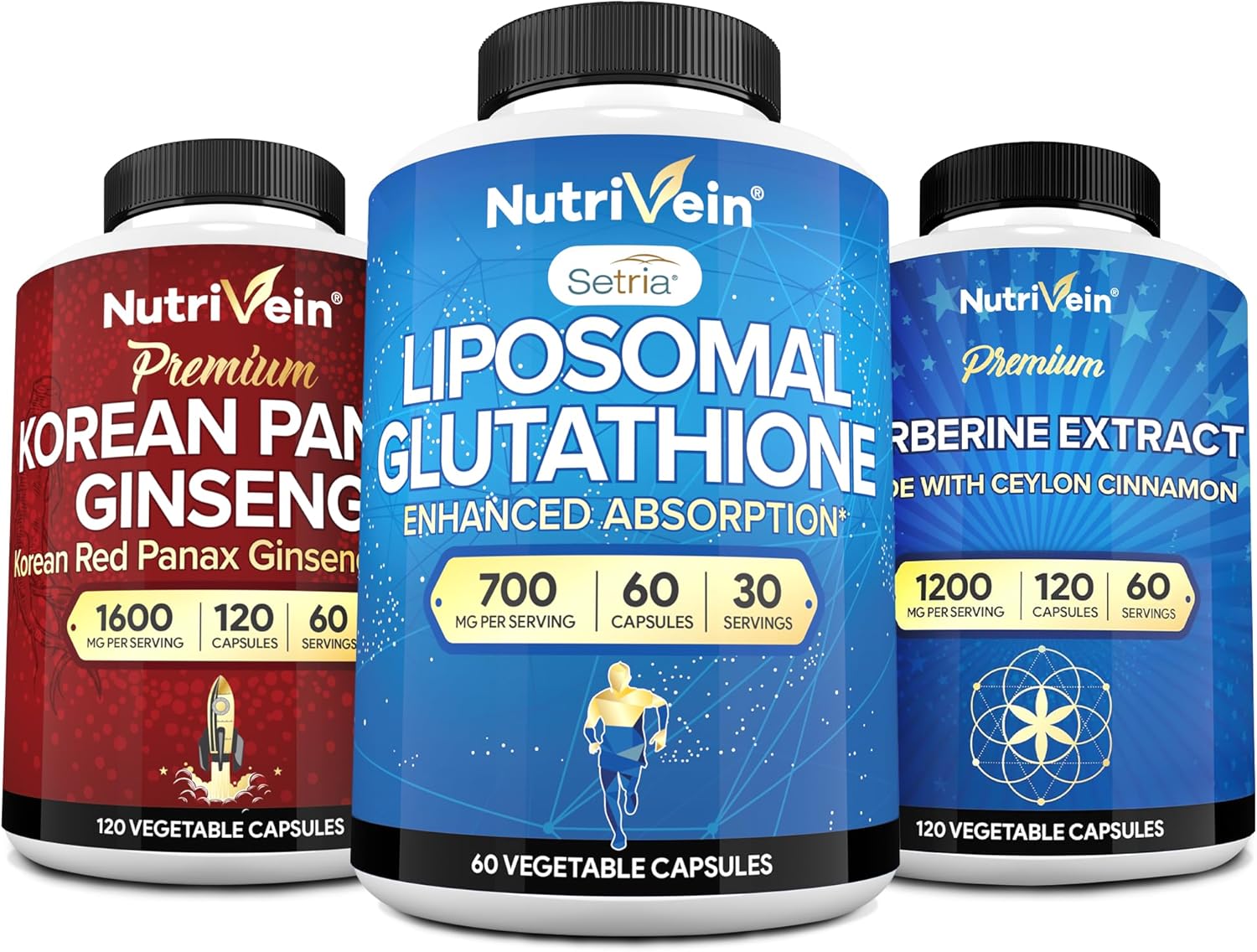 Nutrivein Premium Liposomal Glutathione Supplement, Korean Panax Ginseng Supplement, and Berberine Supplements Bundle: Reduced Glutathione, Berberine Complex, & Red Ginseng for Vitality & Wellness