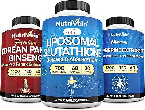 Nutrivein Suplemento de glutatión liposomal premium, suplemento coreano de Panax ginseng y paquete de suplementos de berberina: glutatión reducido,